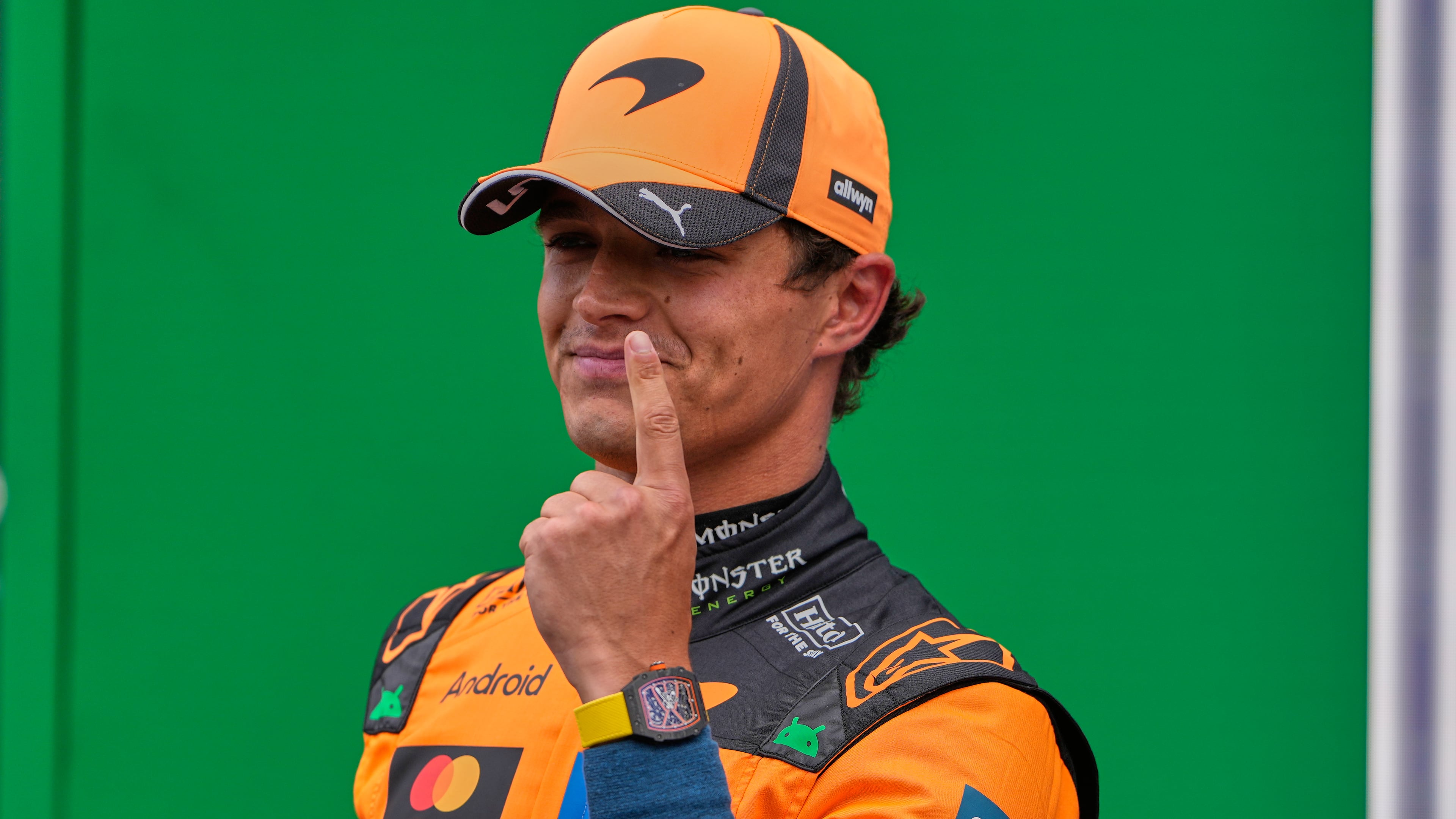 McLaren driver Lando Norris of Britain reacts after winning the pole position in the qualifying for the Formula One Dutch Grand Prix in Zandvoort , Netherlands, Saturday, Aug. 22, 2026. (AP Photo/Darko Bandic)