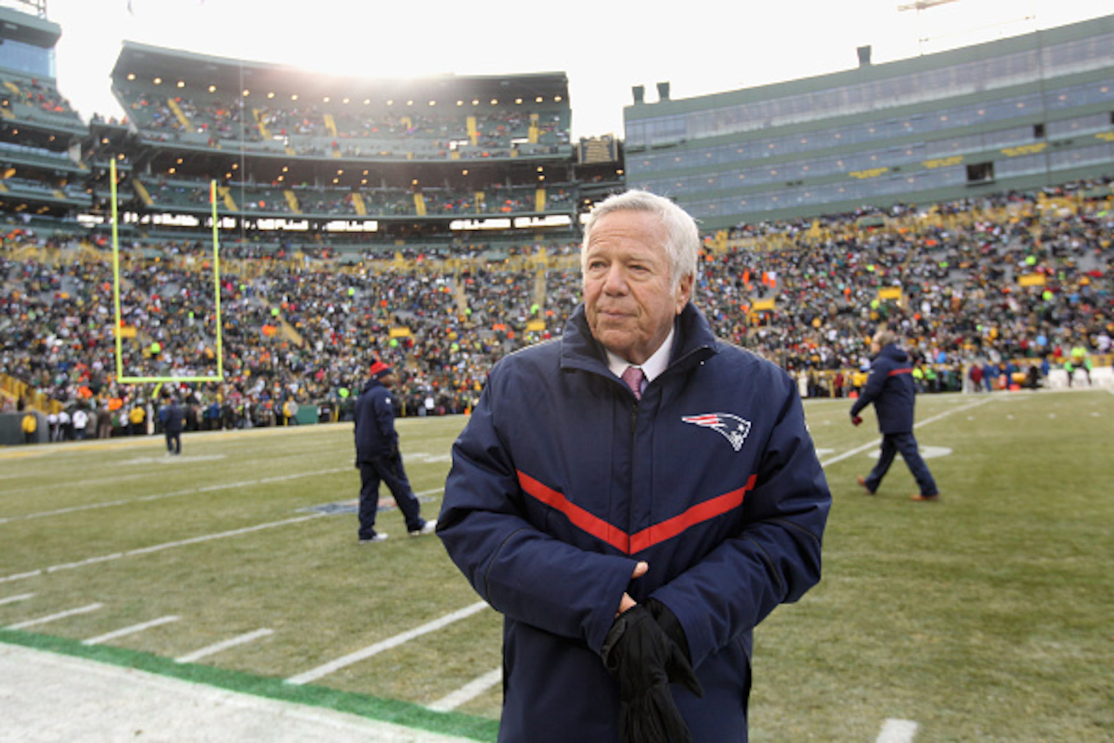 GREEN BAY, WI - NOVEMBER 30: Owner of the New England Patriots, Robert Kraft, stands on the field prior to the NFL game against the Green Bay Packers at Lambeau Field on November 30, 2014 in Green Bay, Wisconsin. (Photo by Christian Petersen/Getty Images)