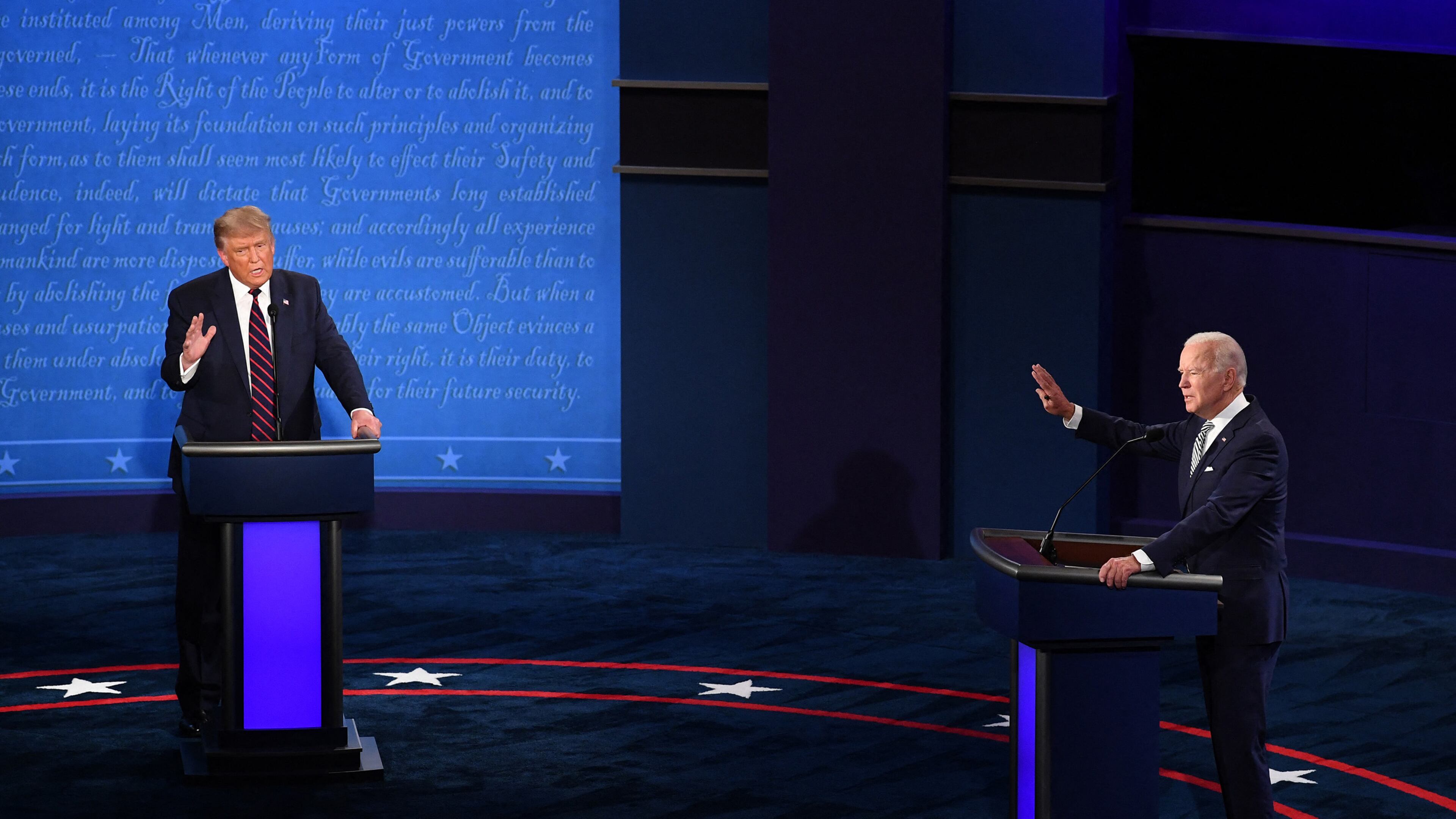 President Donald Trump, left, and Democratic presidential nominee Joe Biden during the first of three scheduled 90-minute presidential debates, in Cleveland on September 29, 2020. (Kevin Dietsch/Pool/Abaca Press/TNS)