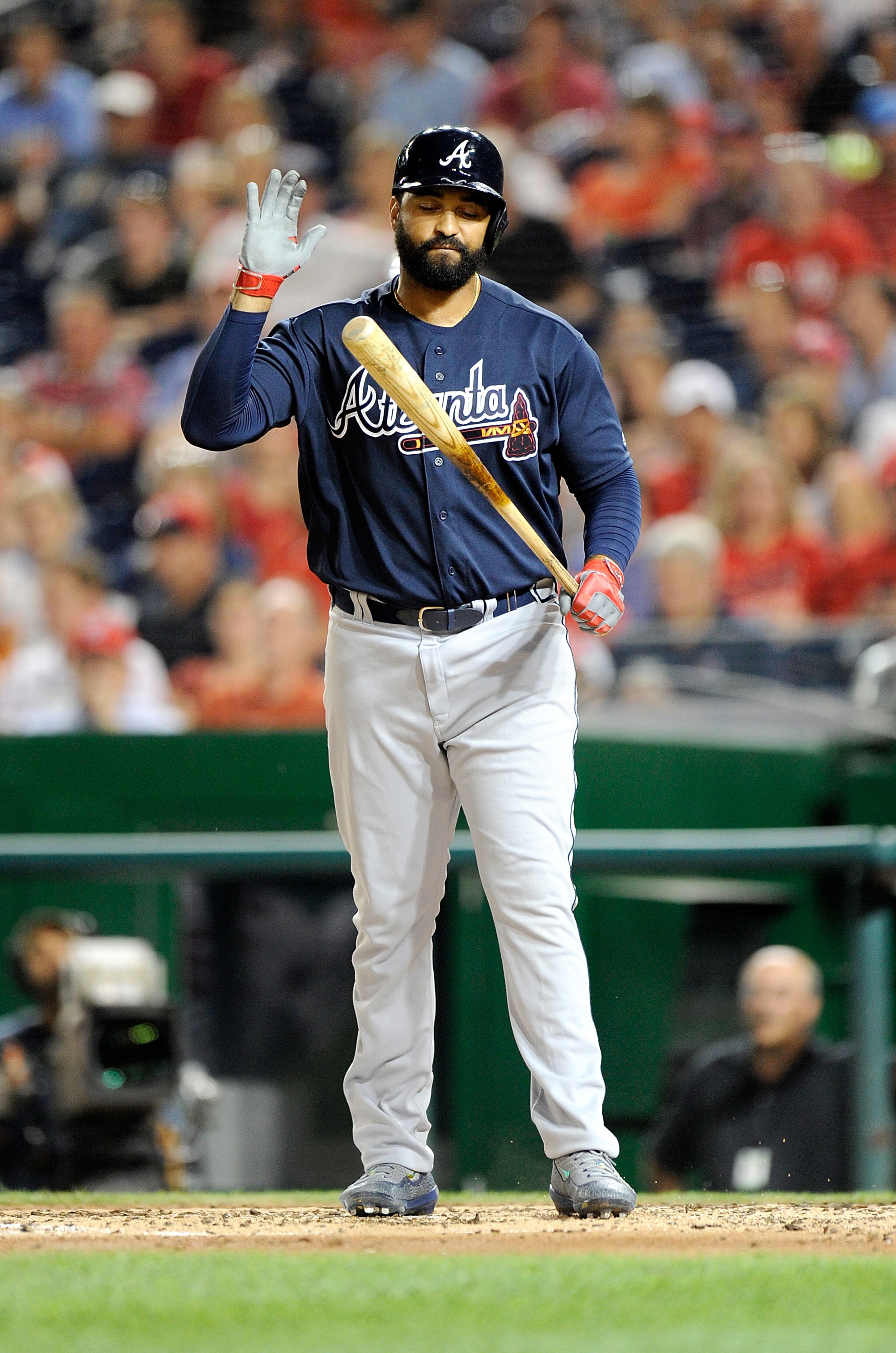 WASHINGTON, DC - SEPTEMBER 06: Matt Kemp #27 of the Atlanta Braves reacts after striking out in the third inning against the Washington Nationals at Nationals Park on September 6, 2016 in Washington, DC. (Photo by Greg Fiume/Getty Images)