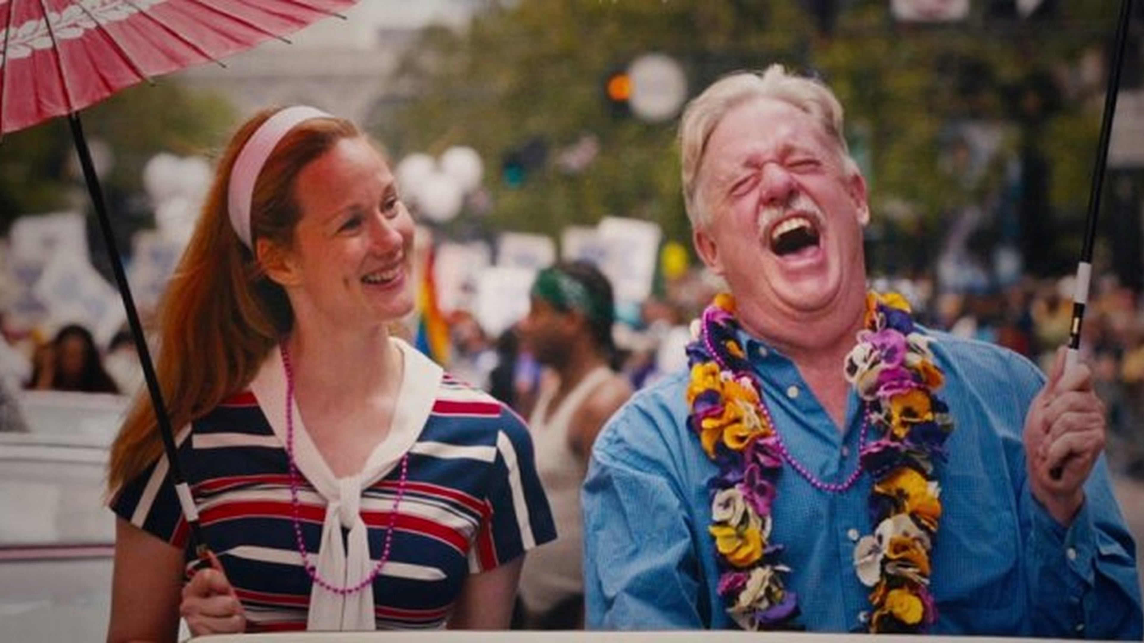 Actress Laura Linney and author Armistead Maupin ride in the San Francisco Pride Parade in the documentary “The Untold Tales of Armistead Maupin,” which will be shown on Saturday at the AJC Decatur Book Festival. Maupin will take part in a Q&A after the screening. CONTRIBUTED BY OUT ON FILM