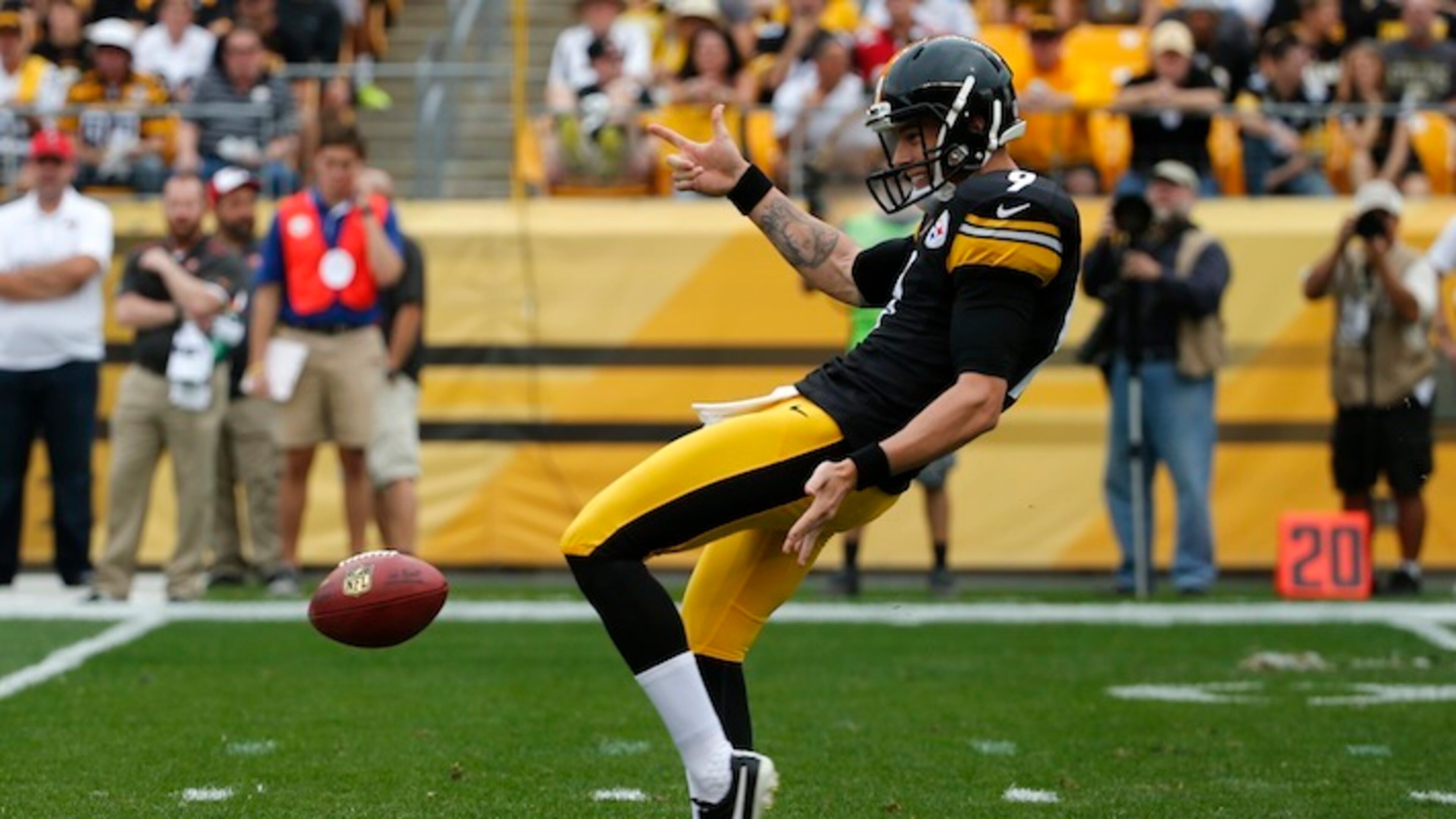 FILE - In this Sept. 28, 2014, file photo, Pittsburgh Steelers punter Brad Wing (9) gets a punt off during the first quarter of an NFL football game against the Tampa Bay Buccaneers in Pittsburgh. A series of coincidences led LSU coach Les Miles to bring in his first Australian punter. The Tigers have added two more punters from down under since Miles' wife, Kathy, discovered then-exchange student Brad Wing at a Baton Rouge-area high school football game in 2009. And Miles contends the Aussie influence is changing the way college coaches approach special teams, because they have for him. (AP Photo/Gene J. Puskar, File)