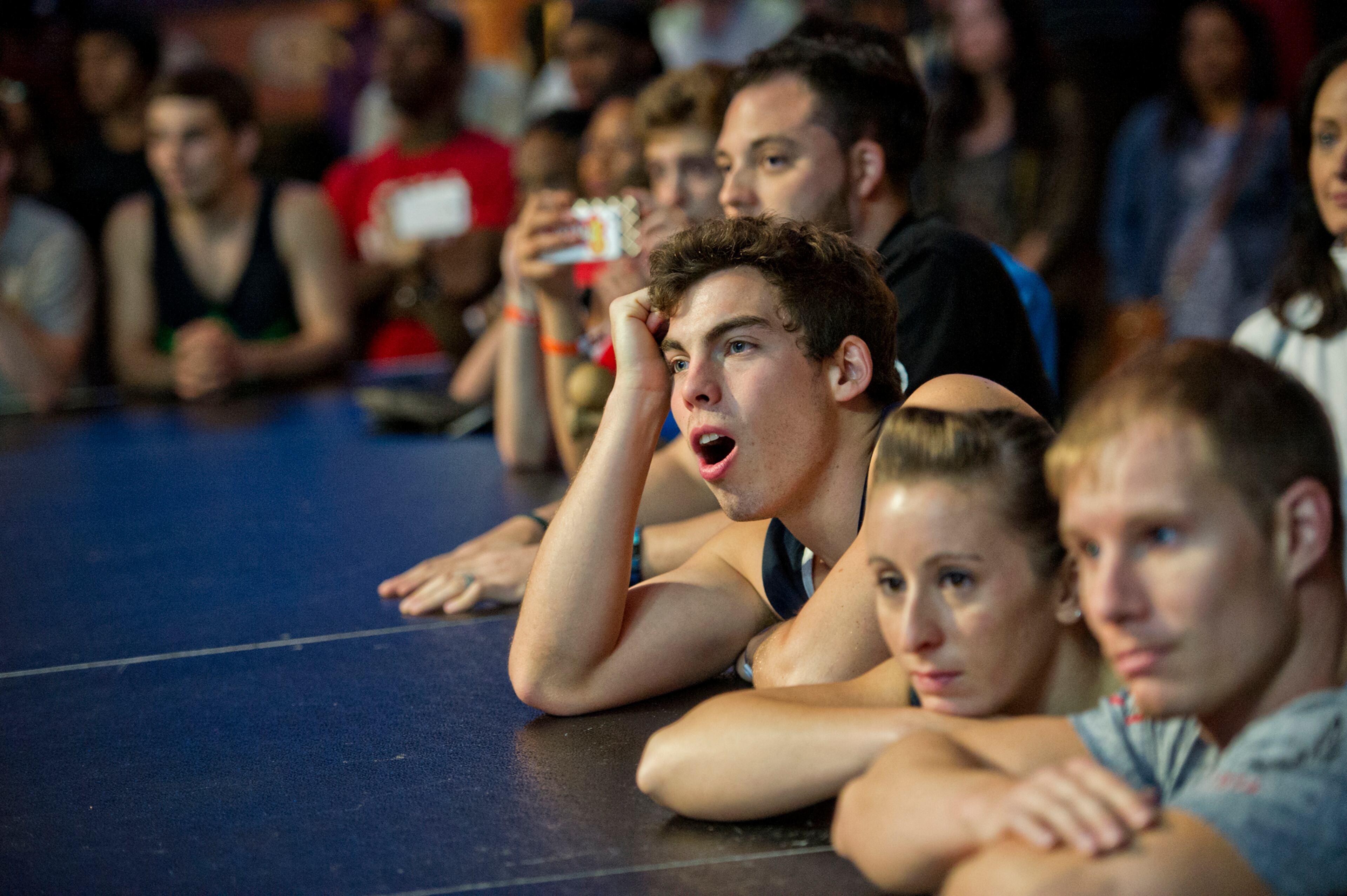 Ryan Diamond (center) cheers during the Red Bull Throwdown Atlanta at the Tabernacle in Atlanta. Sixteen of the top international trickers competed. Tricking is a new sport that combines martial arts, tumbling and break dancing, kicking and flipping. JONATHAN PHILLIPS / SPECIAL