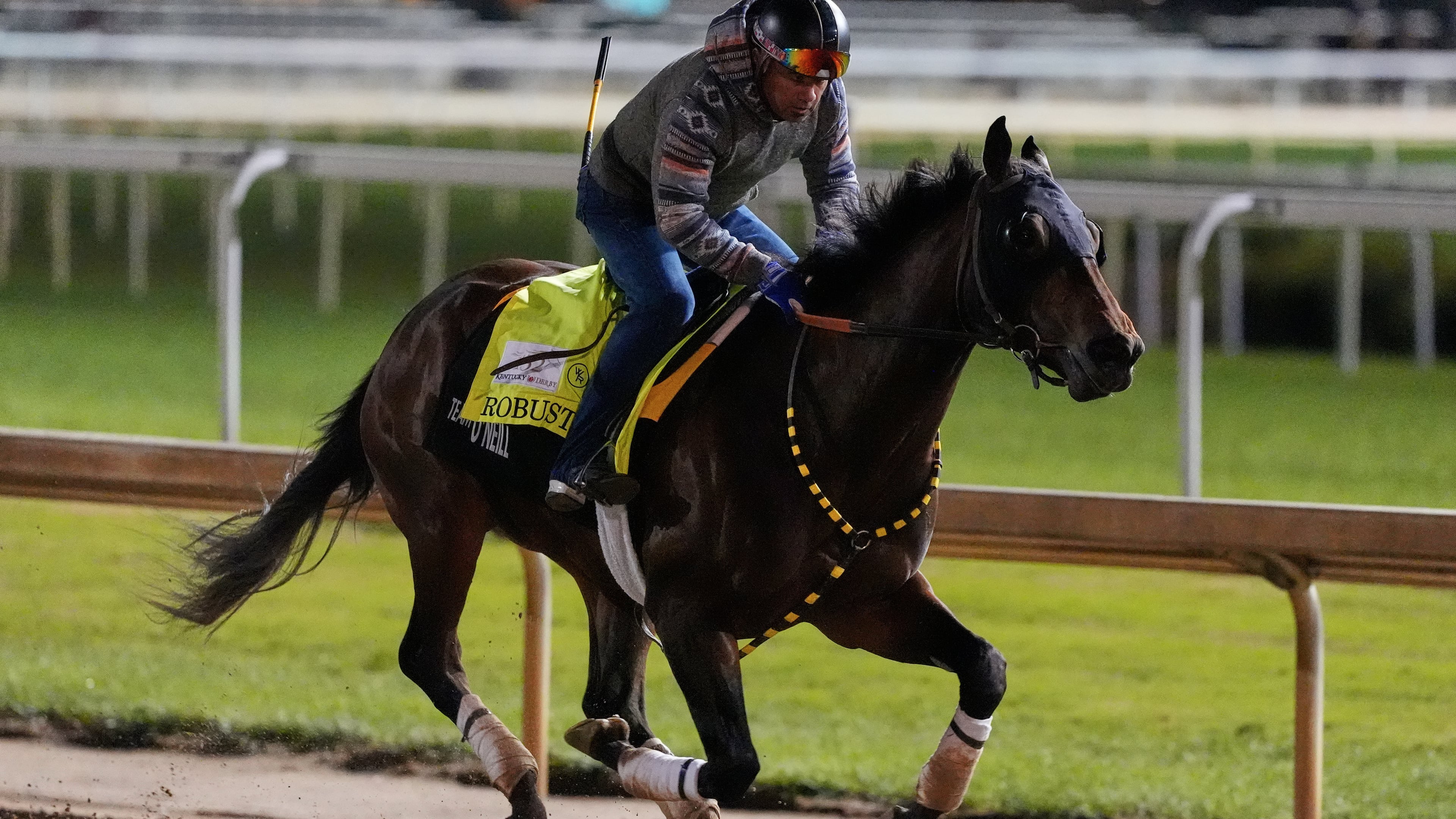 Kentucky Derby alternate Robusta works out at Churchill Downs Thursday, April 30, 2026, in Louisville, Ky. (AP Photo/Charlie Riedel)