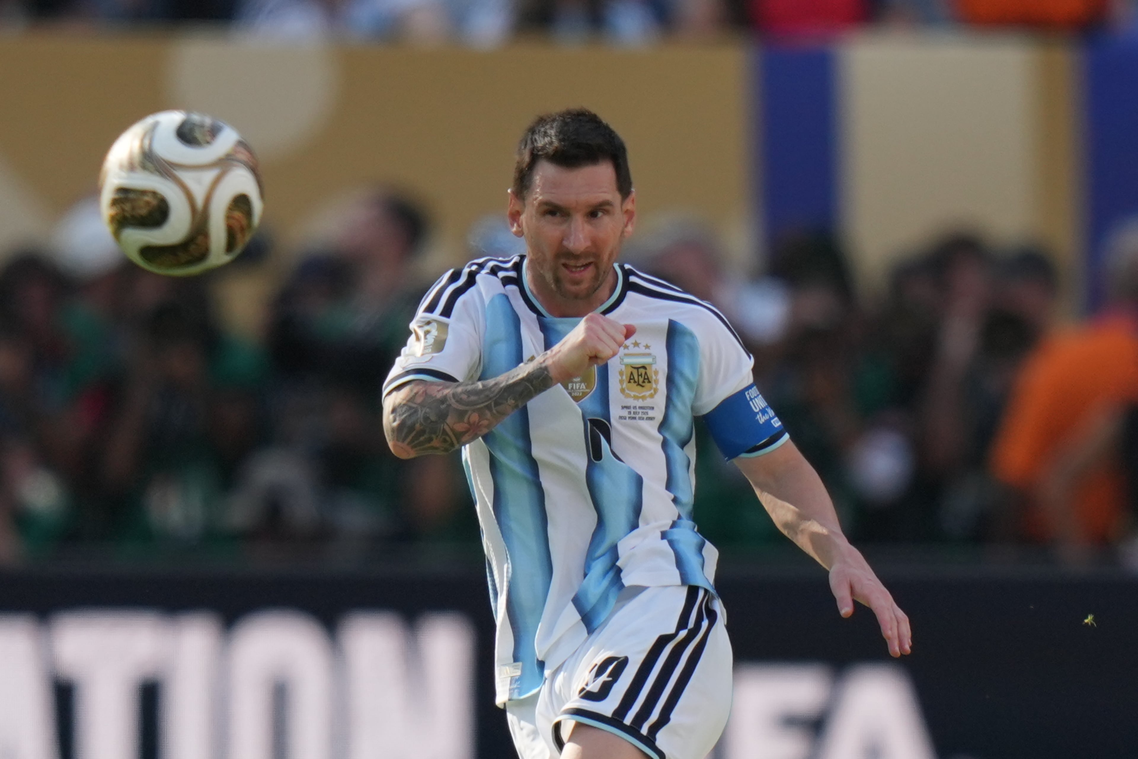 Argentina's Lionel Messi kicks the ball during the World Cup final soccer match between Spain and Argentina in East Rutherford, N.J., near New York, Sunday, July 19, 2026. (Stephanie Scarbrough/AP)