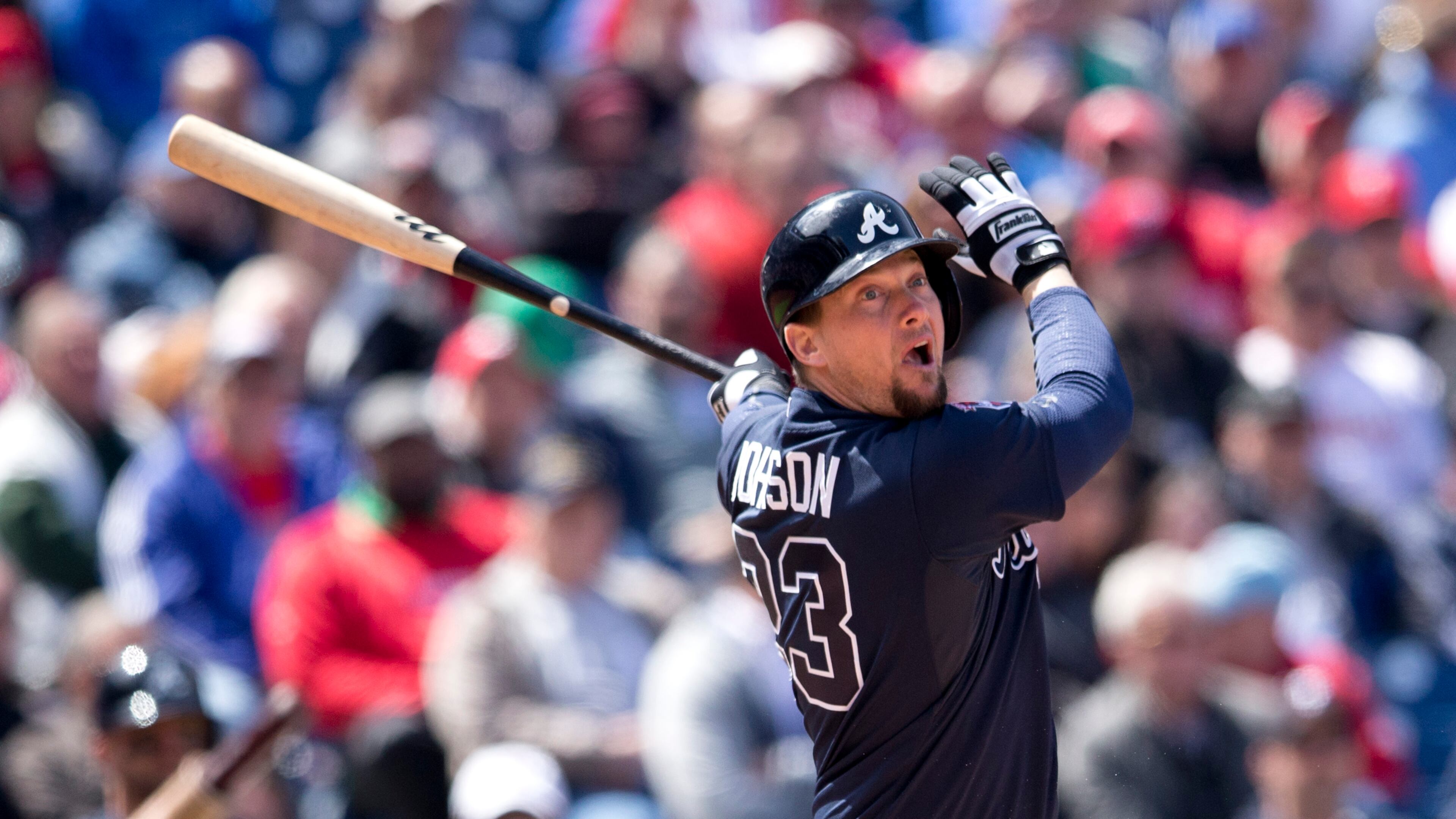 Third baseman Chris Johnson #23 of the Atlanta Braves watches a foul ball come off his bat in the fourth inning against the Philadelphia Phillies on April 17, 2014 at Citizens Bank Park in Philadelphia, Pennslyvania. (Photo by Mitchell Leff/Getty Images)