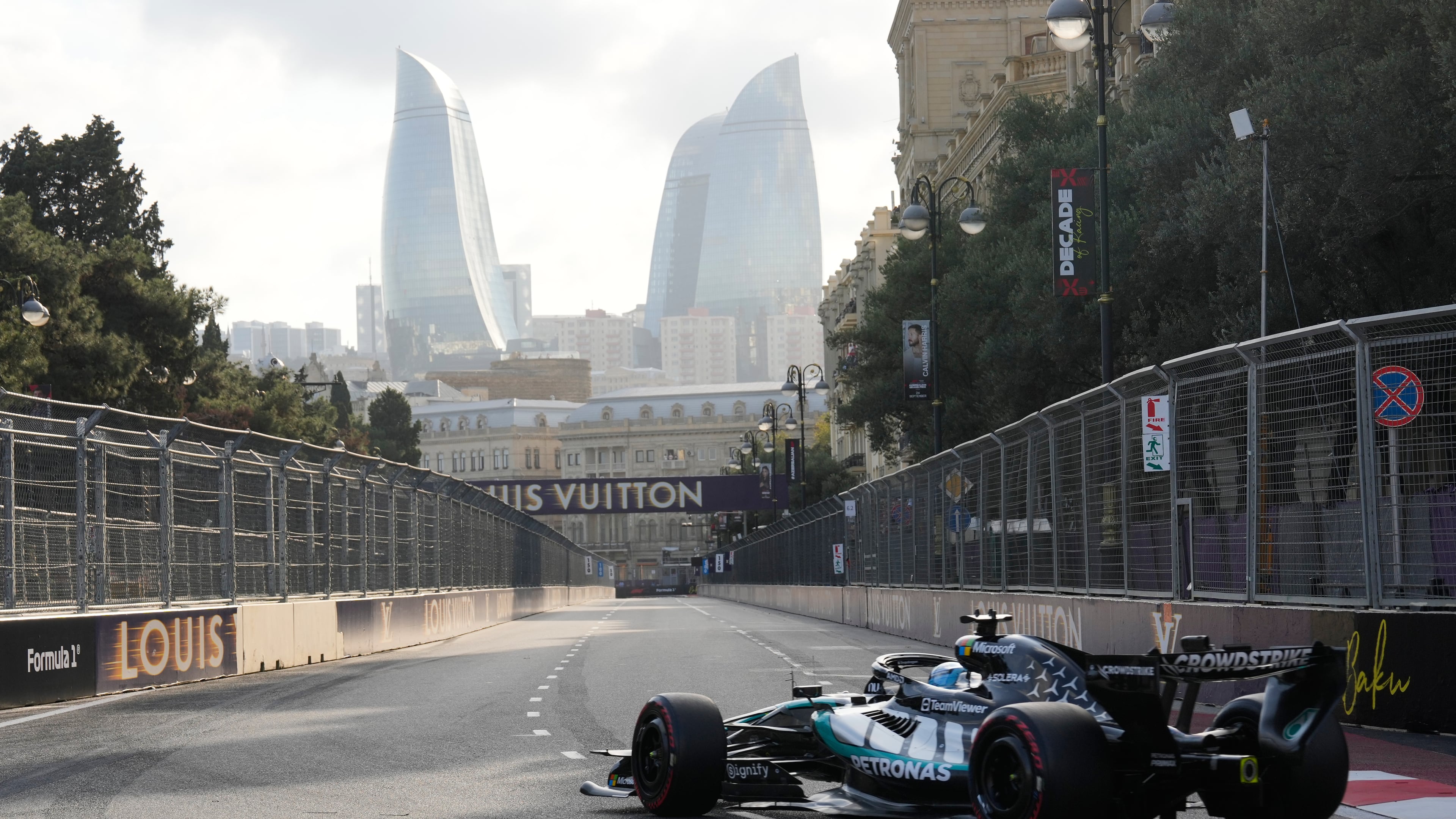 Mercedes driver George Russell of Britain steers his car during the qualifying session for the Azerbaijan F1 Grand Prix, in Baku, Azerbaijan, Friday, Sept. 25, 2026. (AP Photo/Darko Bandic)