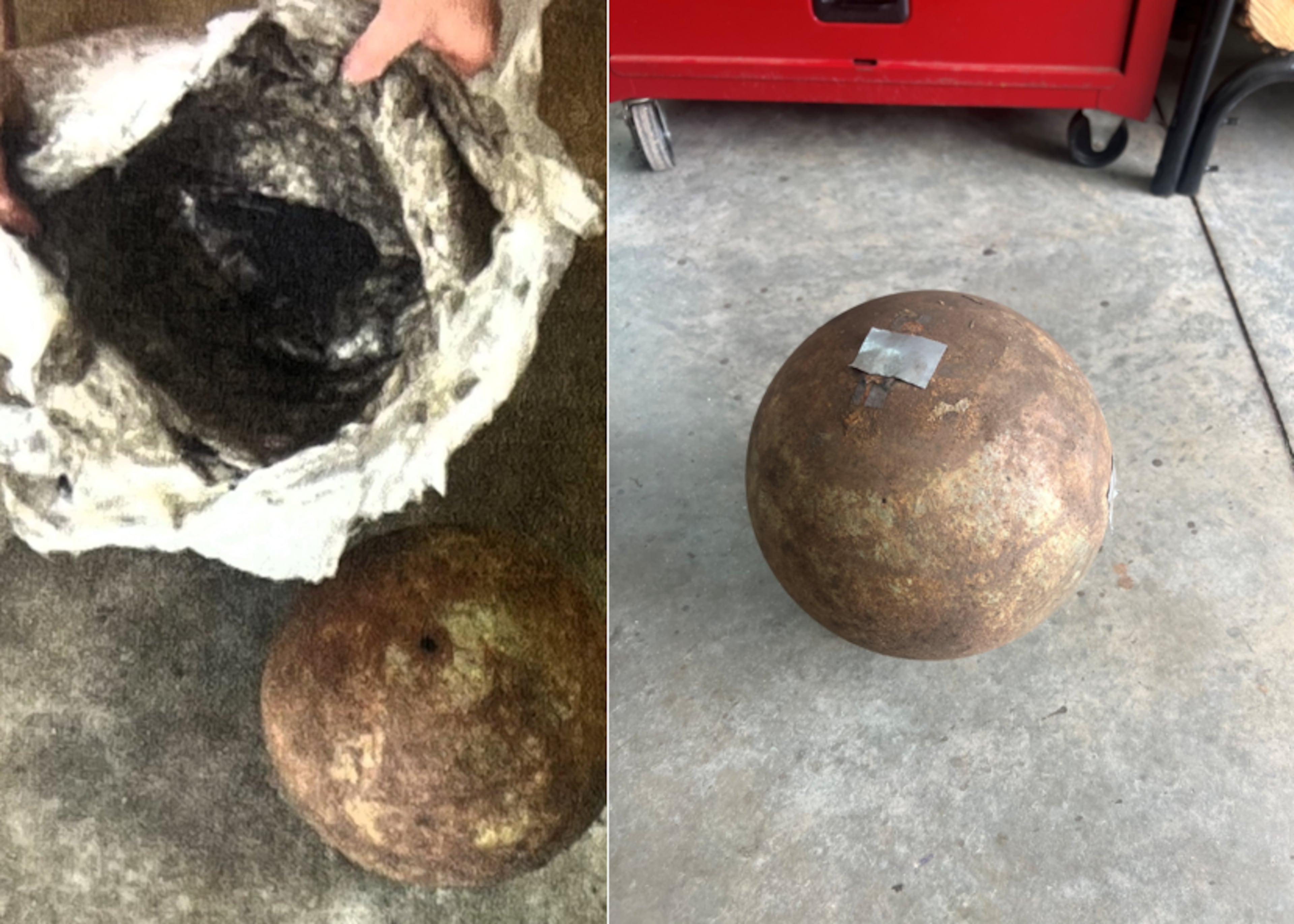 The cannonball is seen along with Civil War era black powder that spilled from it after being found in Habersham County on Tuesday.
