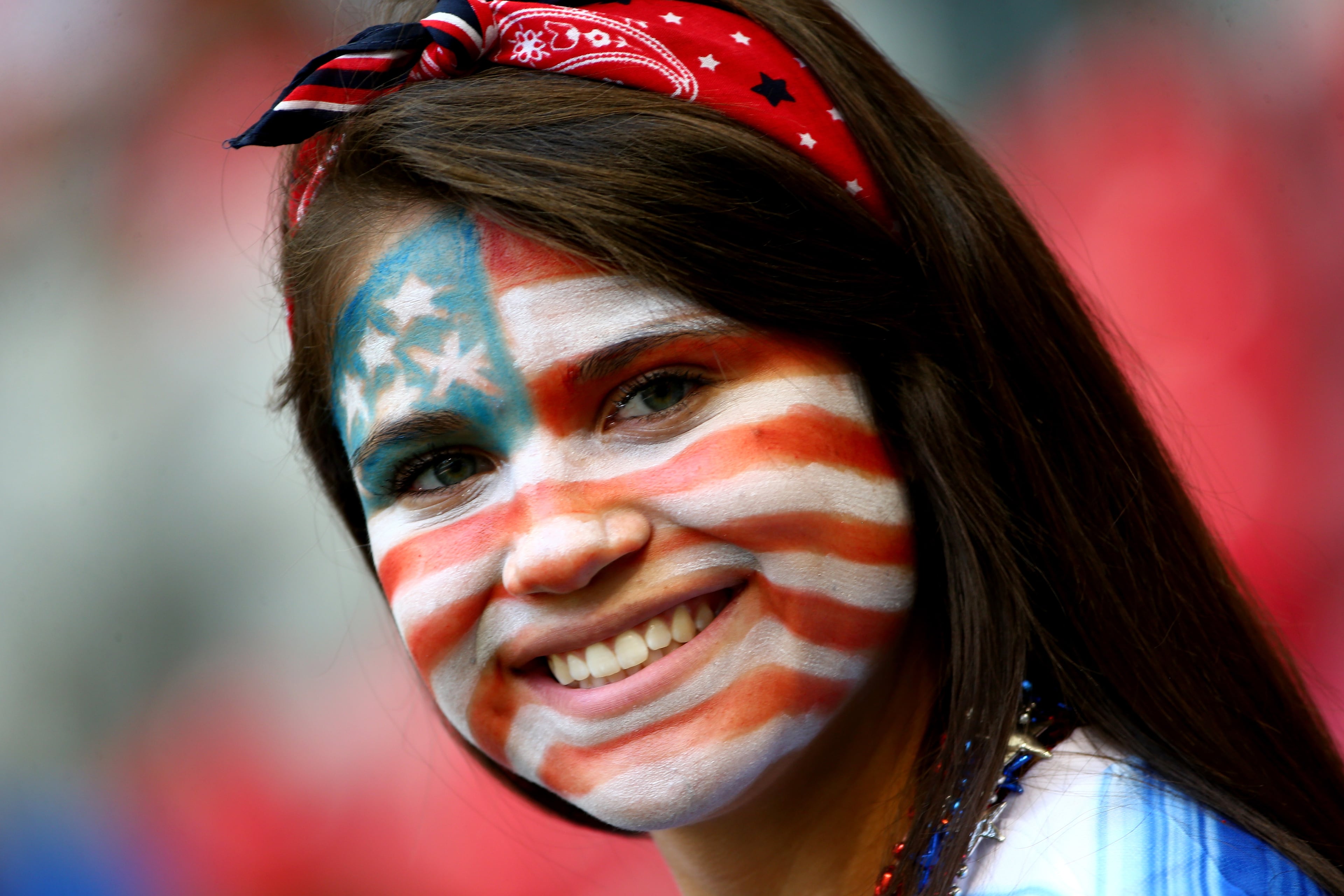 VANCOUVER, BC - JULY 05: A fan of the United States watches warm-ups before the USA takes on Japan in the FIFA Women's World Cup Canada 2015 Final at BC Place Stadium on July 5, 2015 in Vancouver, Canada. (Photo by Ronald Martinez/Getty Images)