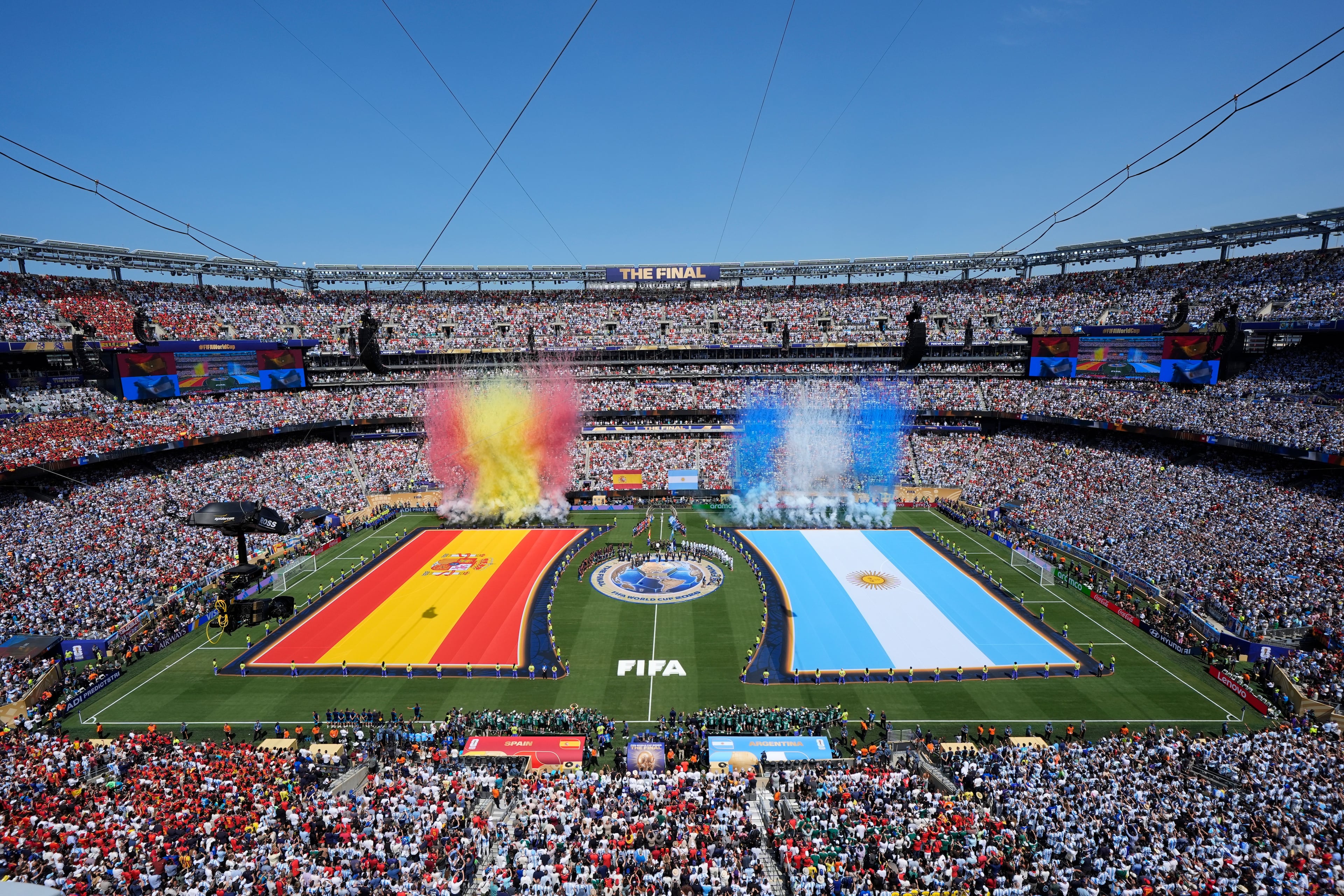 Argentina and Spain stand for the national anthems before the World Cup final soccer match between Spain and Argentina in East Rutherford, N.J., near New York, Sunday, July 19, 2026. (Seth Wenig/AP)