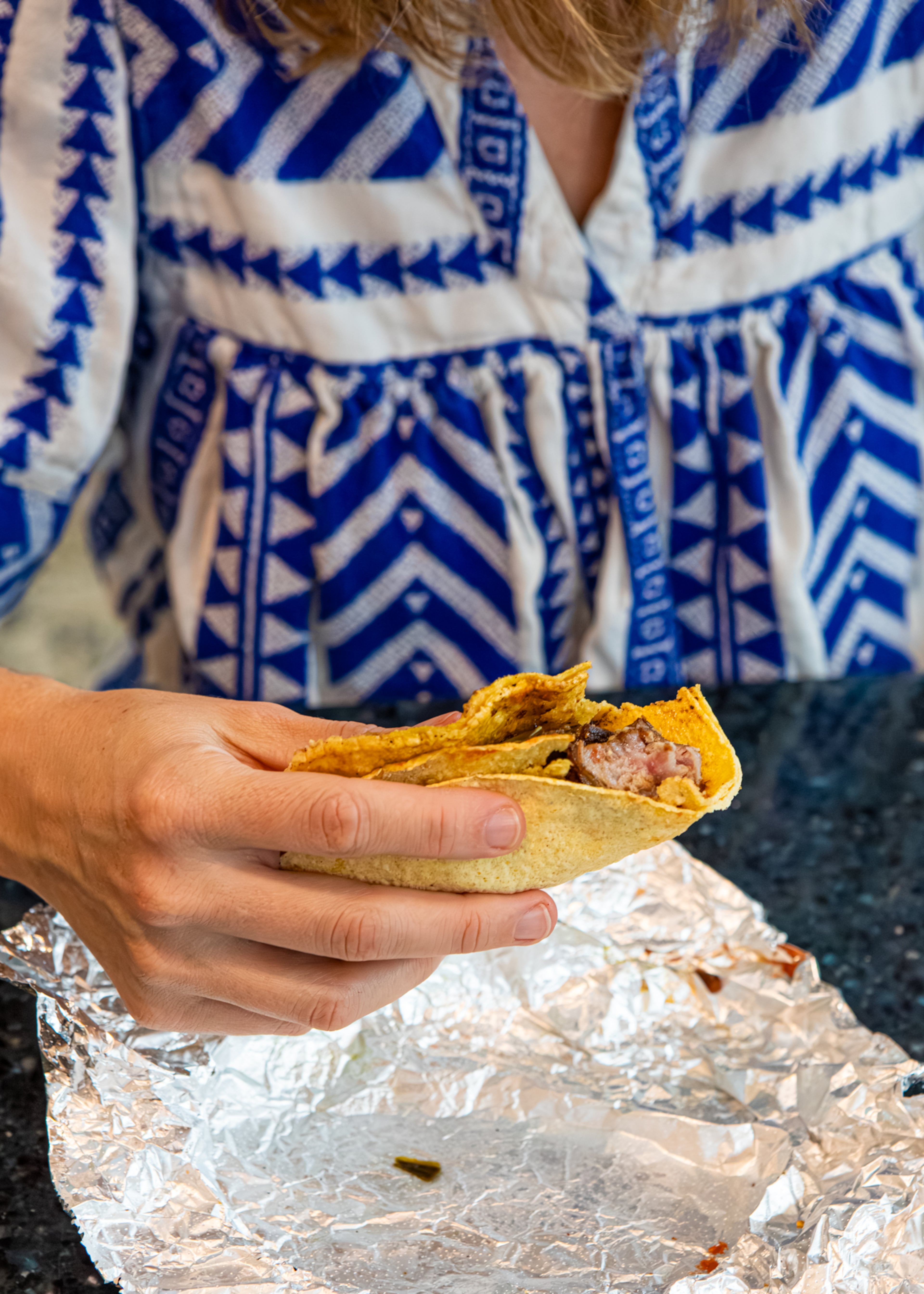 An asada steak taco made by the Original El Taco in the F Concourse. (Aaliyah Man for the AJC)