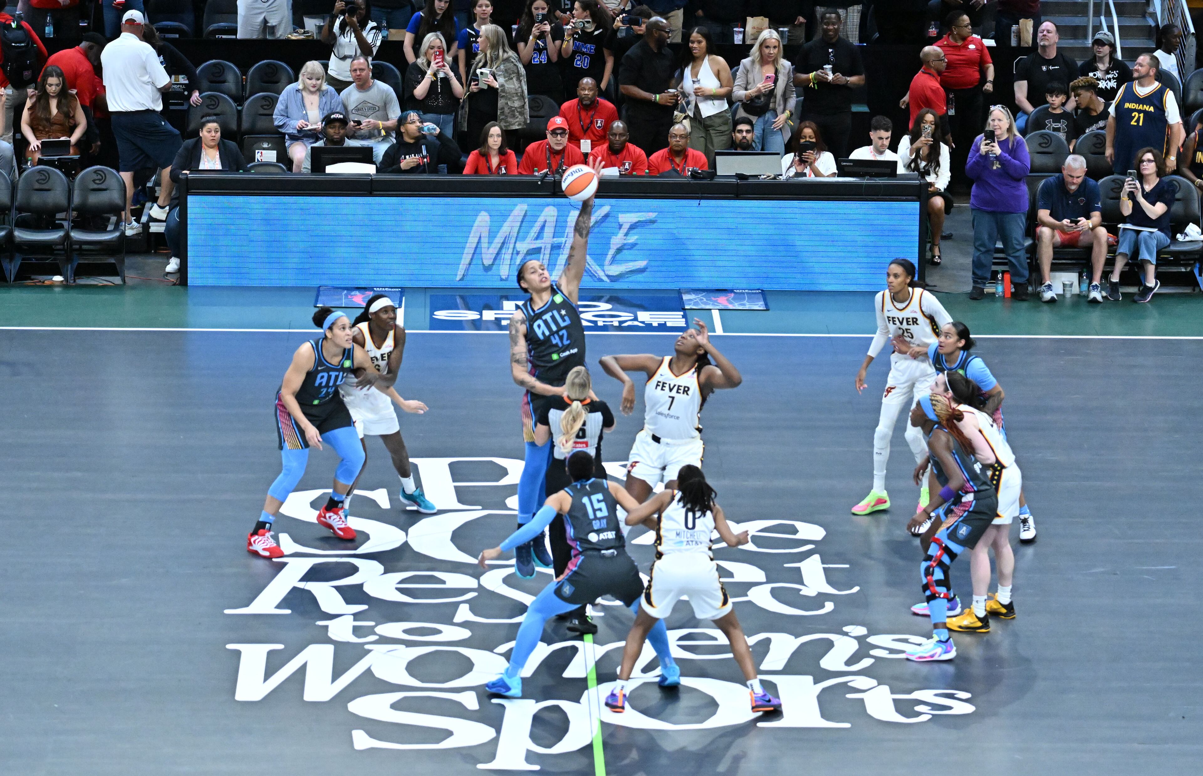 The Dream and Cash App partnered with streetwear brand Playa Society to conceptualize and design the first-of-its-kind WNBA statement court, which will have the phrase “Pay Some Respect to Women’s Sports” across center court for the Dream’s home opener at State Farm Arena, Thursday, May 22, 2025, in Atlanta. (Hyosub Shin / AJC)