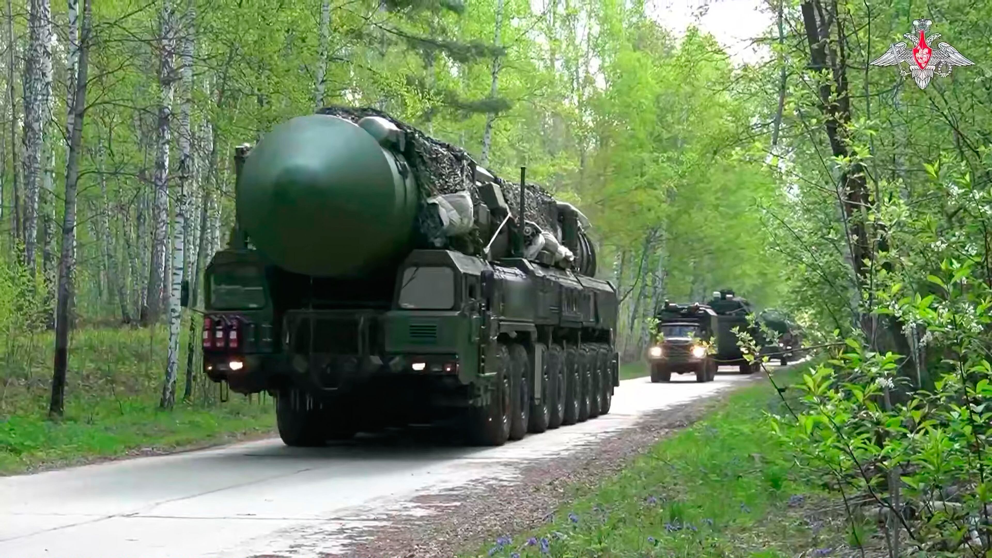 In this image made from video provided by Russian Defense Ministry Press Service on Thursday, May 21, 2026, A Yars intercontinental ballistic missile is seen during drills of Russia's nuclear forces in Belarus. (Russian Defense Ministry Press Service via AP)