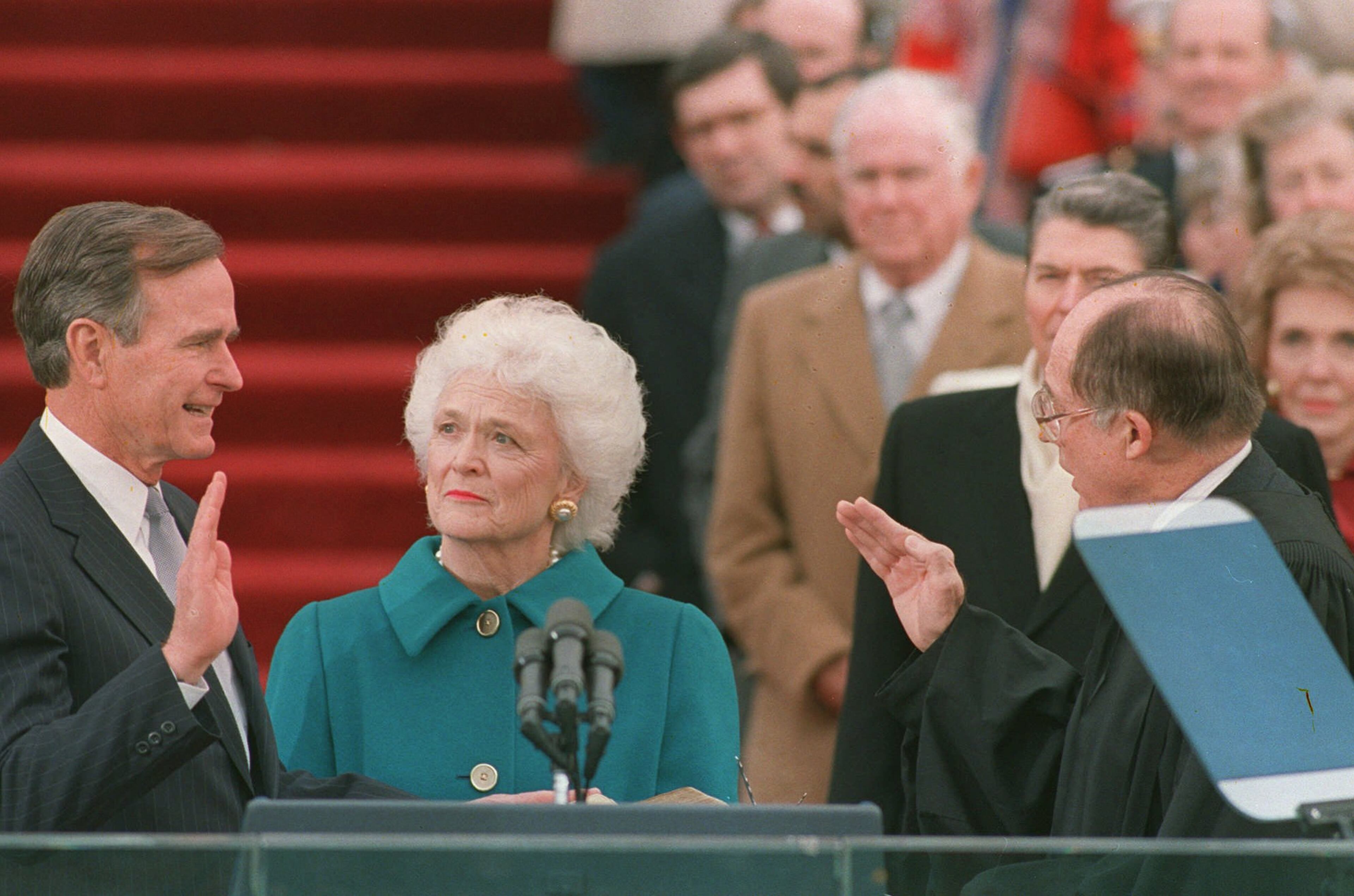 Barbara Bush wore a smart coat to the swearing in of husband George Bush in 1989.