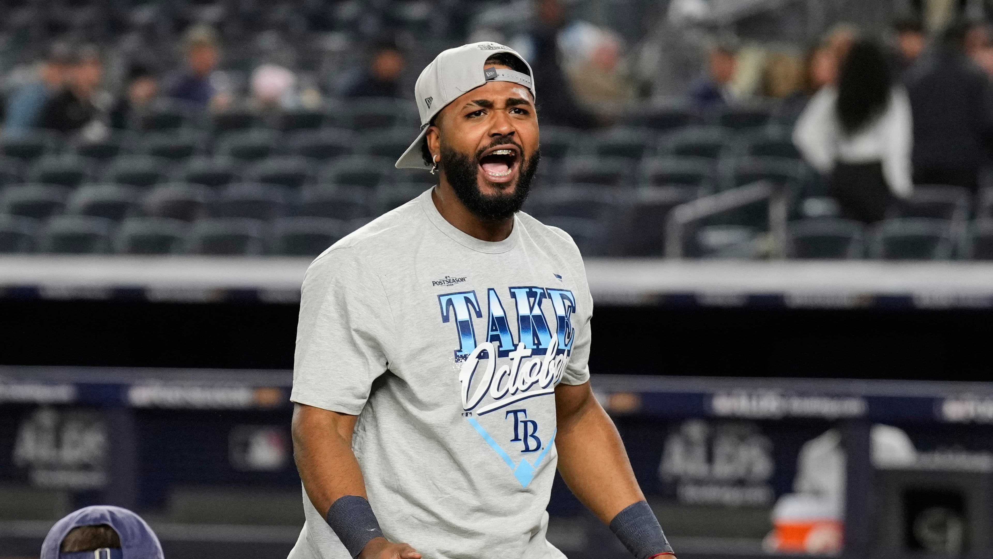 Tampa Bay Rays' Junior Caminero celebrates after the team's win in Game 3 of baseball's American League Division Series against the New York Yankees, Wednesday, Oct. 7, 2026, in New York. (AP Photo/Seth Wenig)