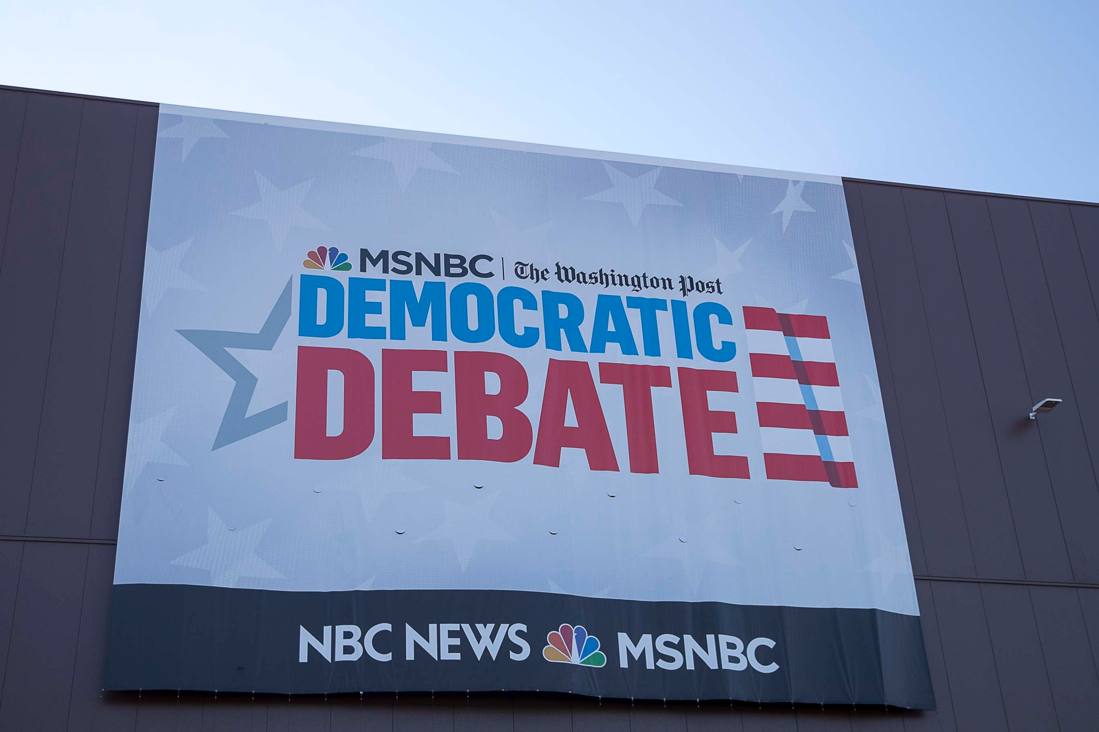 11/19/2019 -- Atlanta, Georgia --A banner is displayed outside of the Oprah Winfrey Stage for the MSNBC/The Washington Post Democratic Presidential debate at Tyler Perry Studios in Atlanta, Tuesday, November 19, 2019. (Alyssa Pointer/Atlanta Journal Constitution)