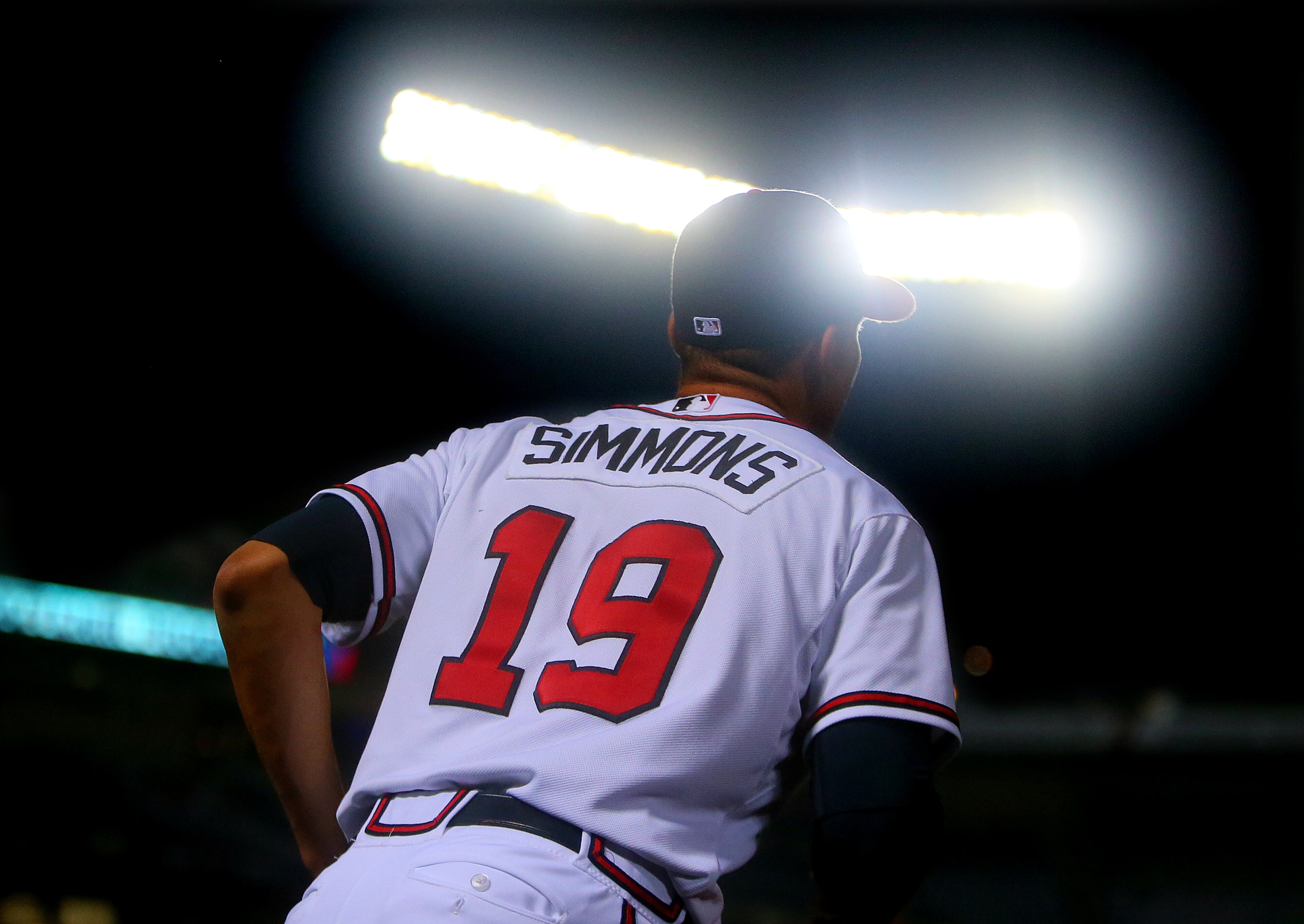 Andrelton Simmons takes the field for the second inning against the Phillies in their MLB game at Turner Field on Monday, August 12, 2013, in Atlanta.