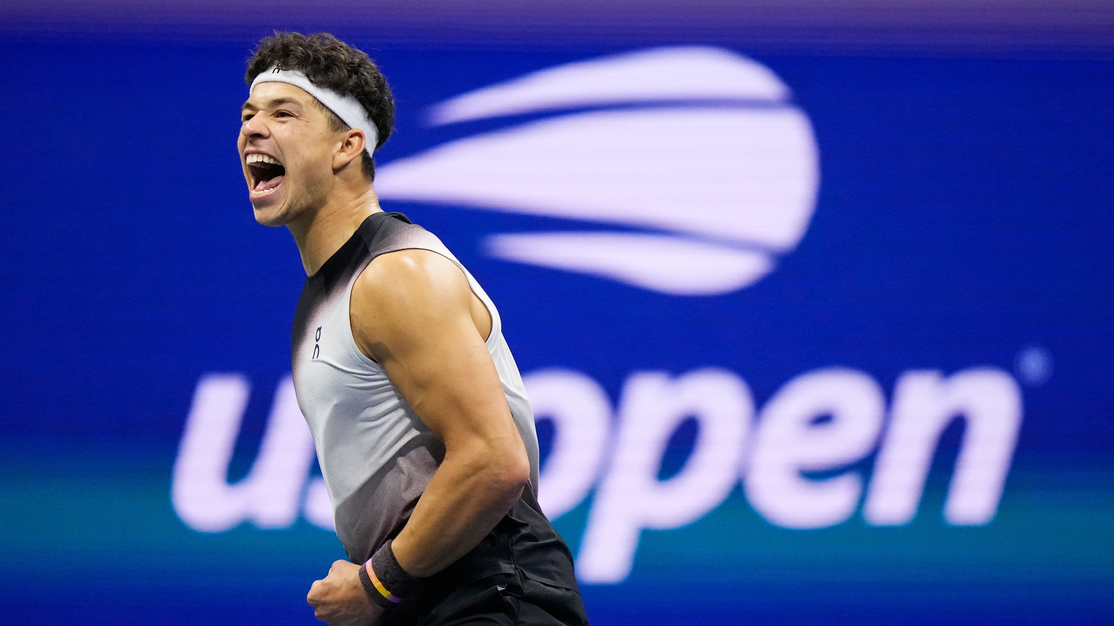 Ben Shelton reacts during the second set of the men's singles semifinals at the U.S. Open tennis championships against Frances Tiafoe on Friday, Sept. 11, 2026, in New York. (Frank Franklin II/AP)