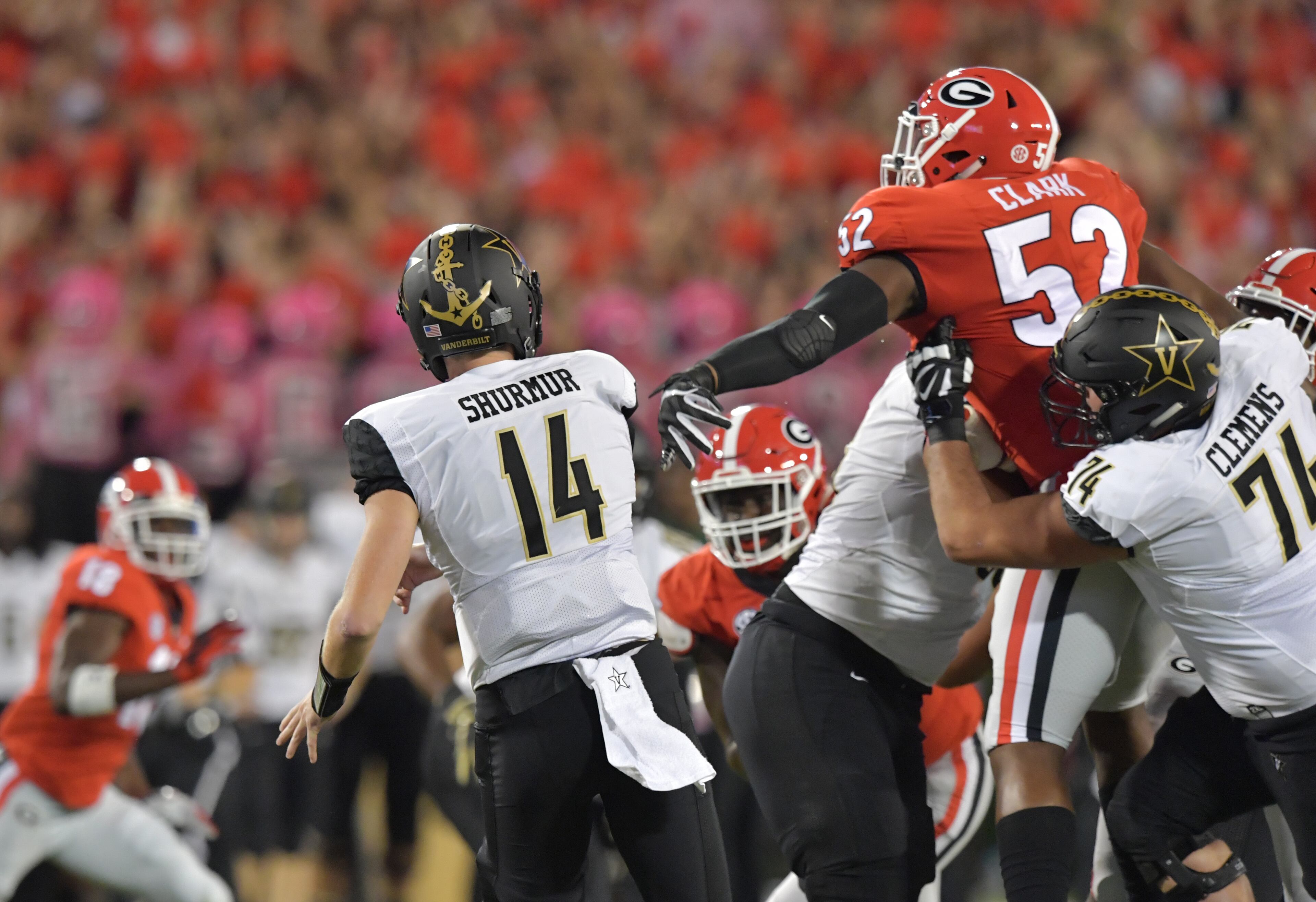 October 6, 2018 Athens - Georgia defensive lineman Tyler Clark (52) blocks a pass by Vanderbilt quarterback Kyle Shurmur (14) in the first half during a NCAA college football game at Sanford Stadium in Athens on Saturday, October 6, 2018. HYOSUB SHIN / HSHIN@AJC.COM
