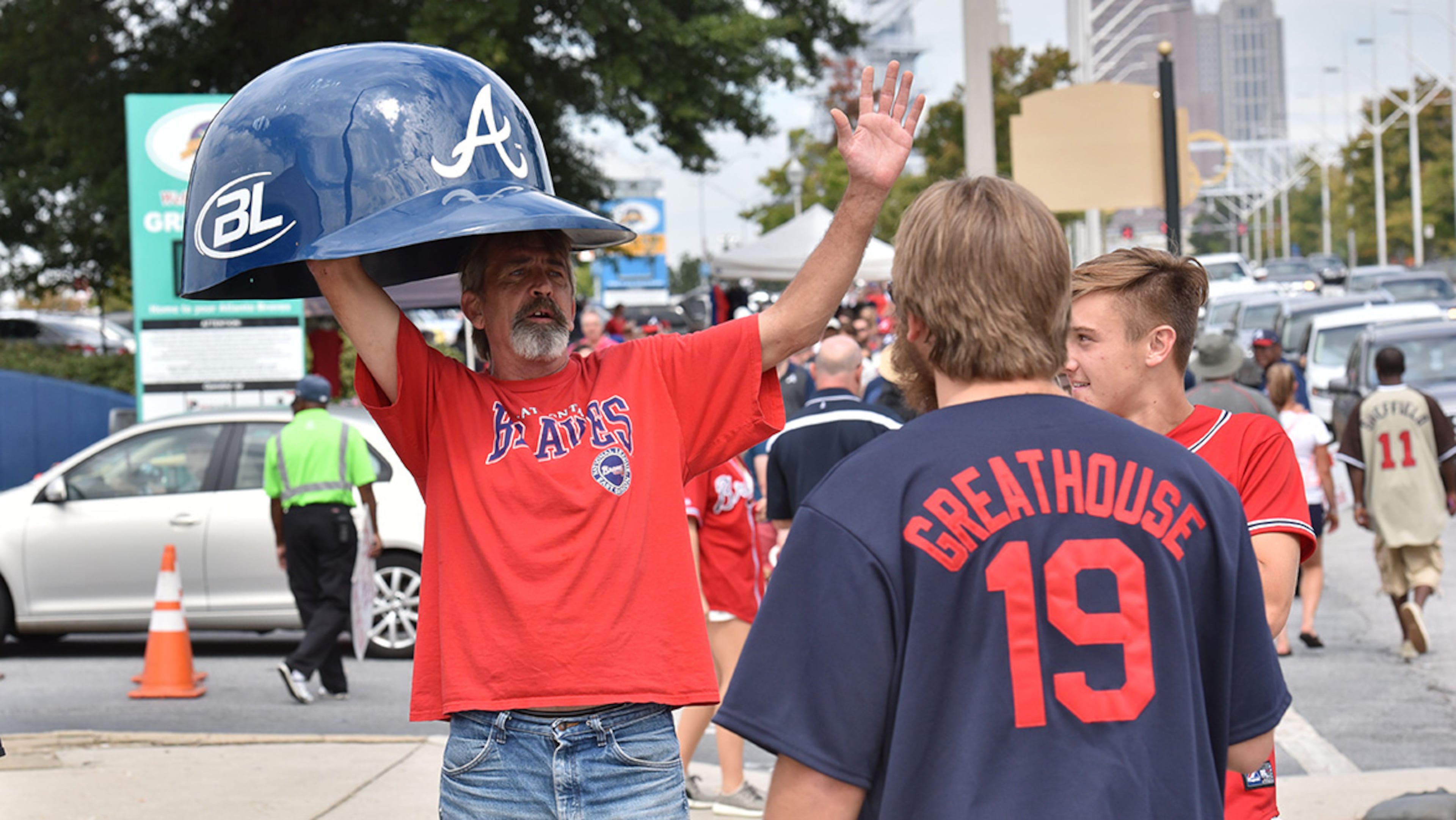 October 2, 2016 Atlanta - Ryan Semmelink brought a giant batting helmet before the final Atlanta Braves game against the Detroit Tigers at Turner Field on Sunday, October 2, 2016. HYOSUB SHIN / HSHIN@AJC.COM