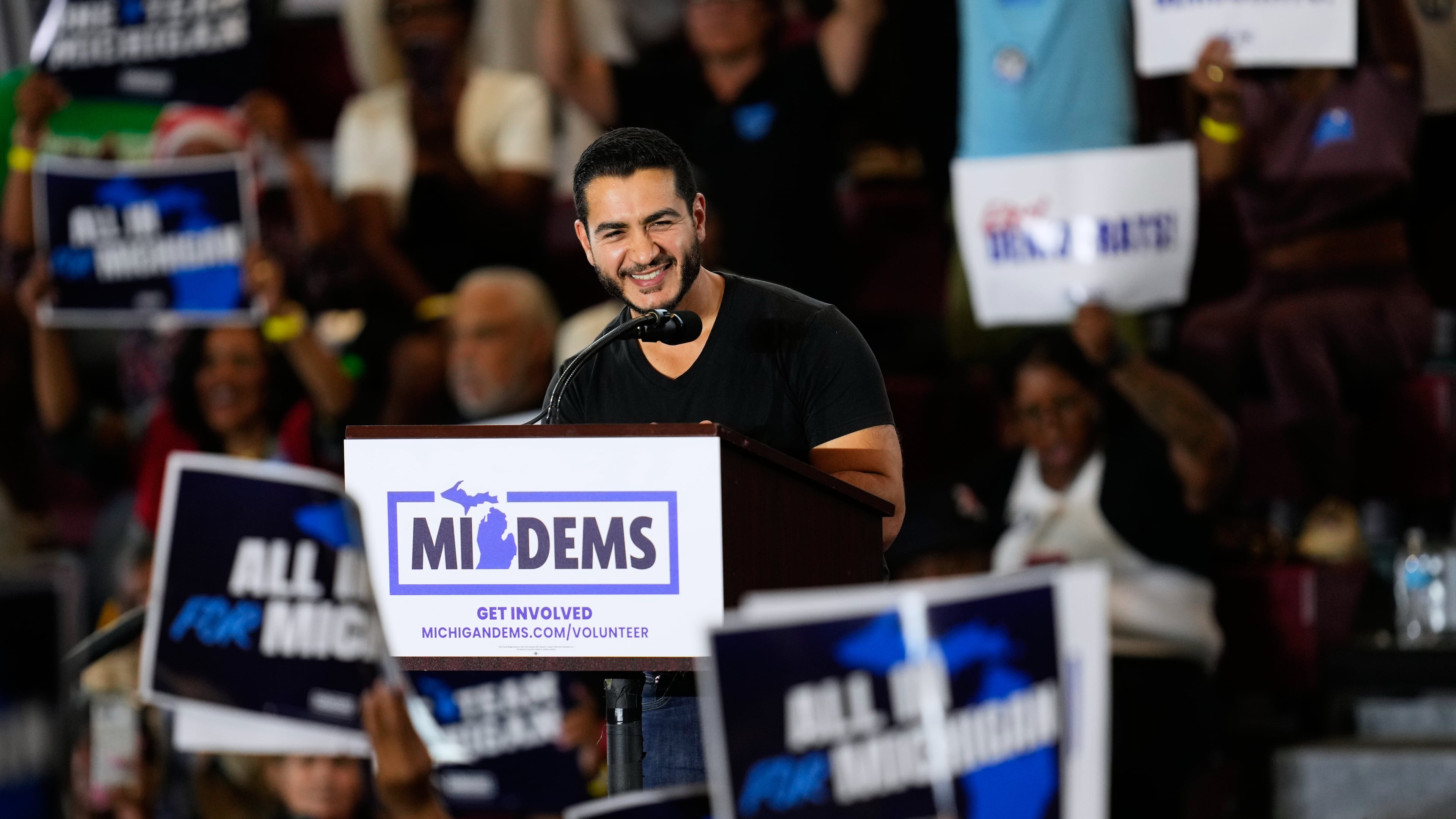 Dr. Abdul El-Sayed, Democratic nominee for U.S. Senate, speaks at a General Election Kickoff Rally for Michigan Democrats on Friday, Aug. 7, 2026, in Detroit. El-Sayed, a progressive, won Aug. 4 over moderate U.S. Rep. Haley Stevens to advance to November's general election. (Paul Sancya/AP)