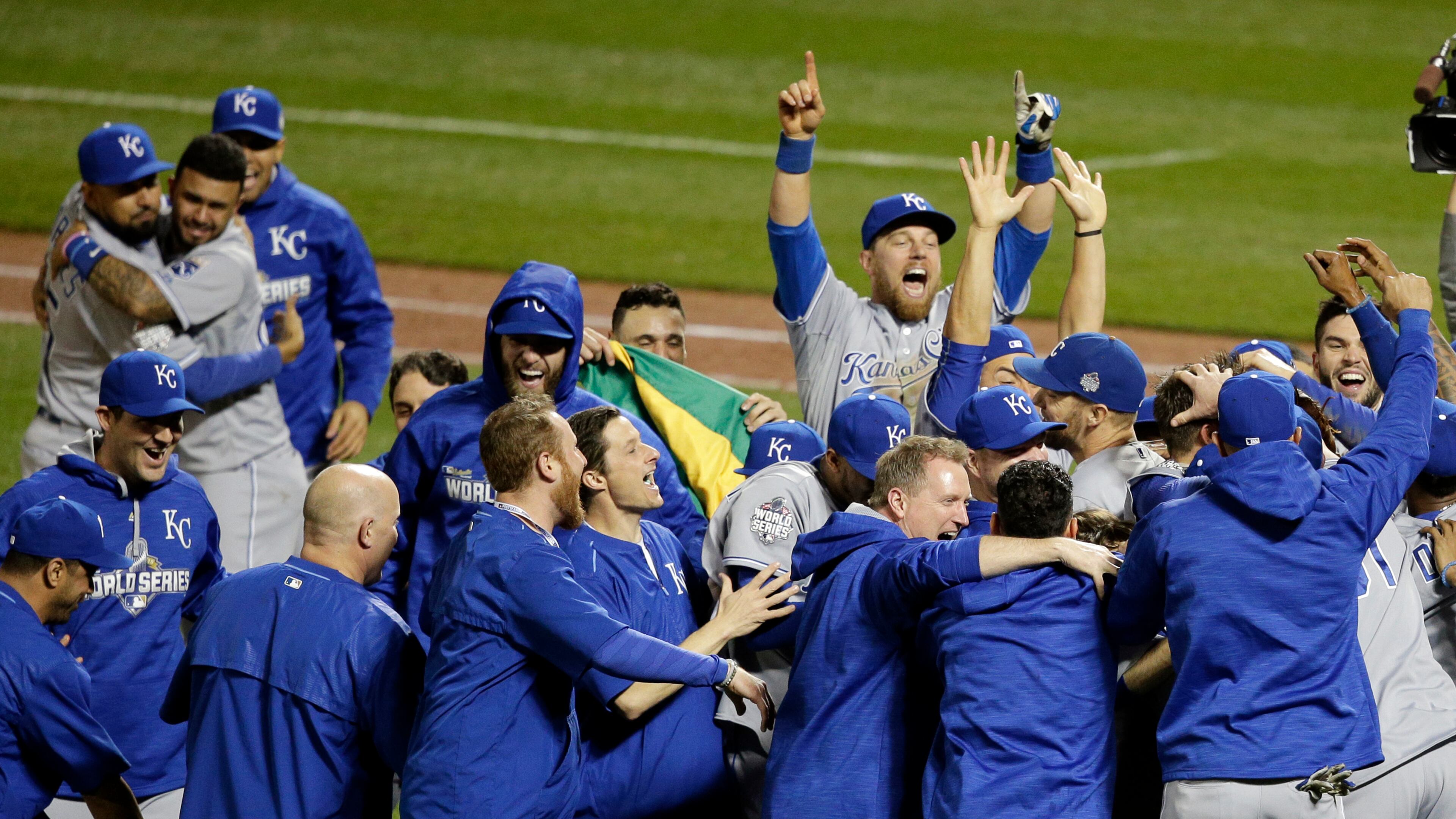 Member of the Kansas City Royals celebrates after Game 5 of the Major League Baseball World Series against the New York Mets Monday, Nov. 2, 2015, in New York. The Royals won 7-2 to win the series. (AP Photo/Julie Jacobson)