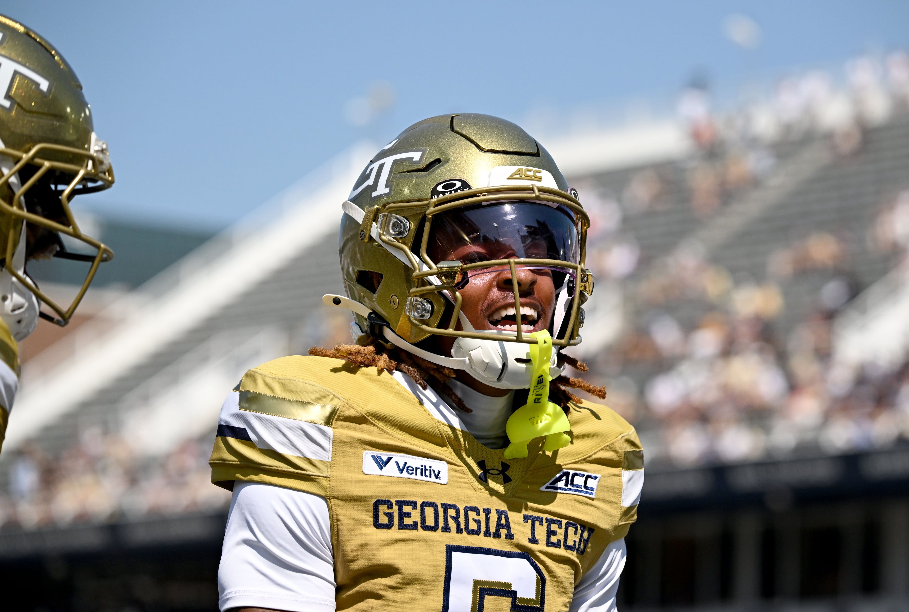 Georgia Tech wide receiver Debron Gatling (6) reacts after scoring for a touchdown during the second half in an NCAA college football game at Bobby Dodd Stadium on Saturday, Sept. 19, 2026, in Atlanta. Georgia Tech won 44-11 over Mercer. (Hyosub Shin/AJC)