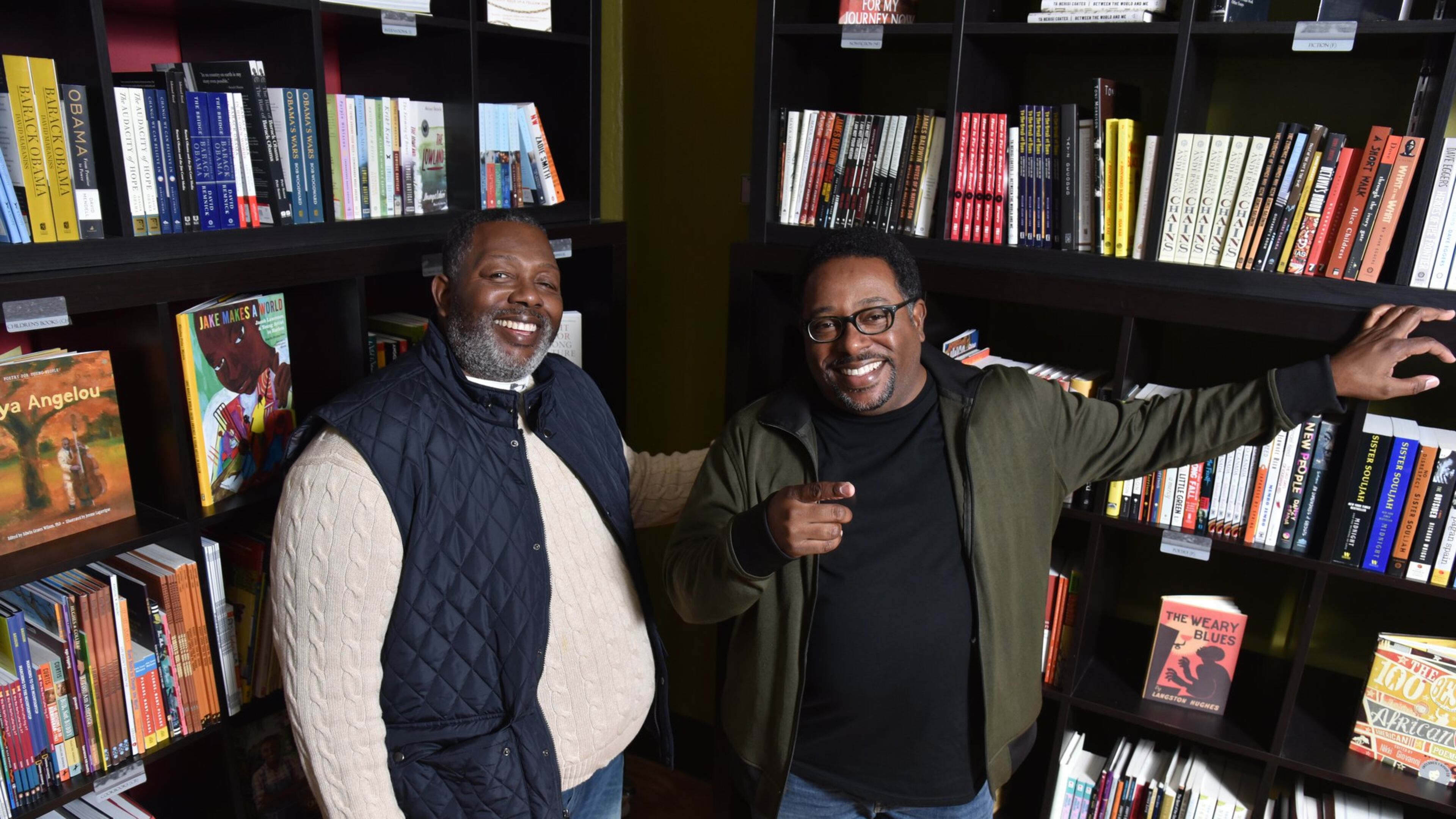 Brothers Darrick Hargro (left) and Carlton Hargro at Moods Music, where they celebrated the release of their comic book “Moses,” one of three titles they published this year featuring African-American superheroes. HYOSUB SHIN / HSHIN@AJC.COM