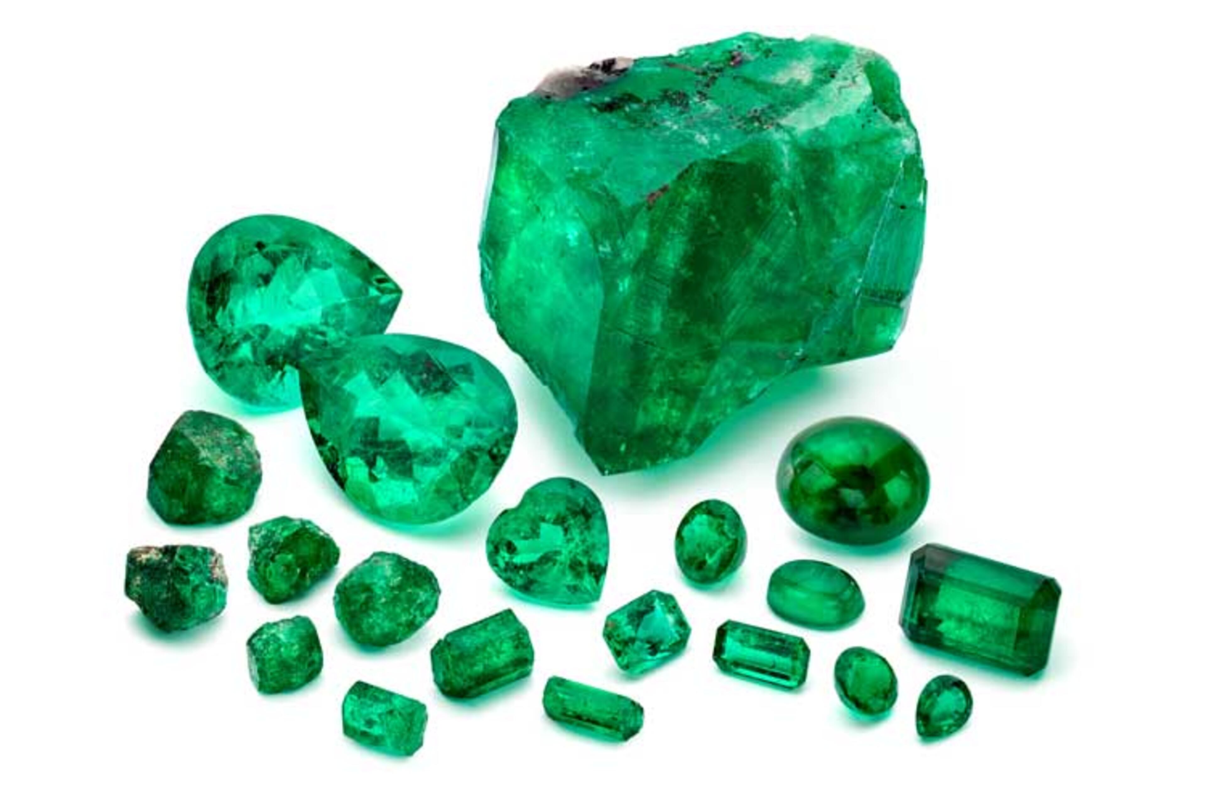 The loose stones pictured here are part of the Marcial de Gomar emerald collection, which will be auctioned off in April. These stones include the Nine Pillars of Andes, a group of nine rough stones weighing over 91 carats and valued as high as $3.5 million;
