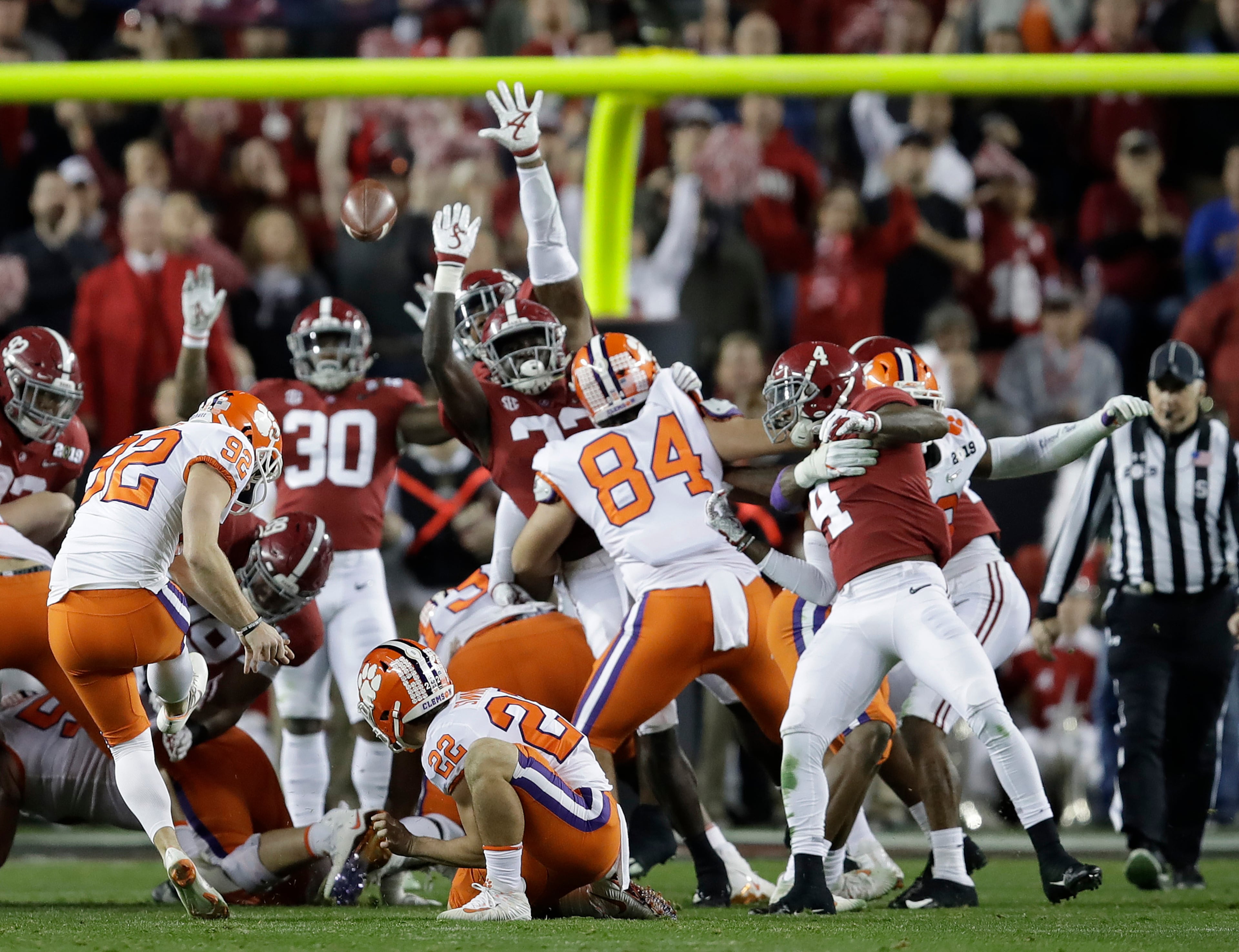 Clemson's Greg Huegel kicks a field goal during the first half of the NCAA college football playoff championship game against Alabama, Monday, Jan. 7, 2019, in Santa Clara, Calif. (AP Photo/Ben Margot)