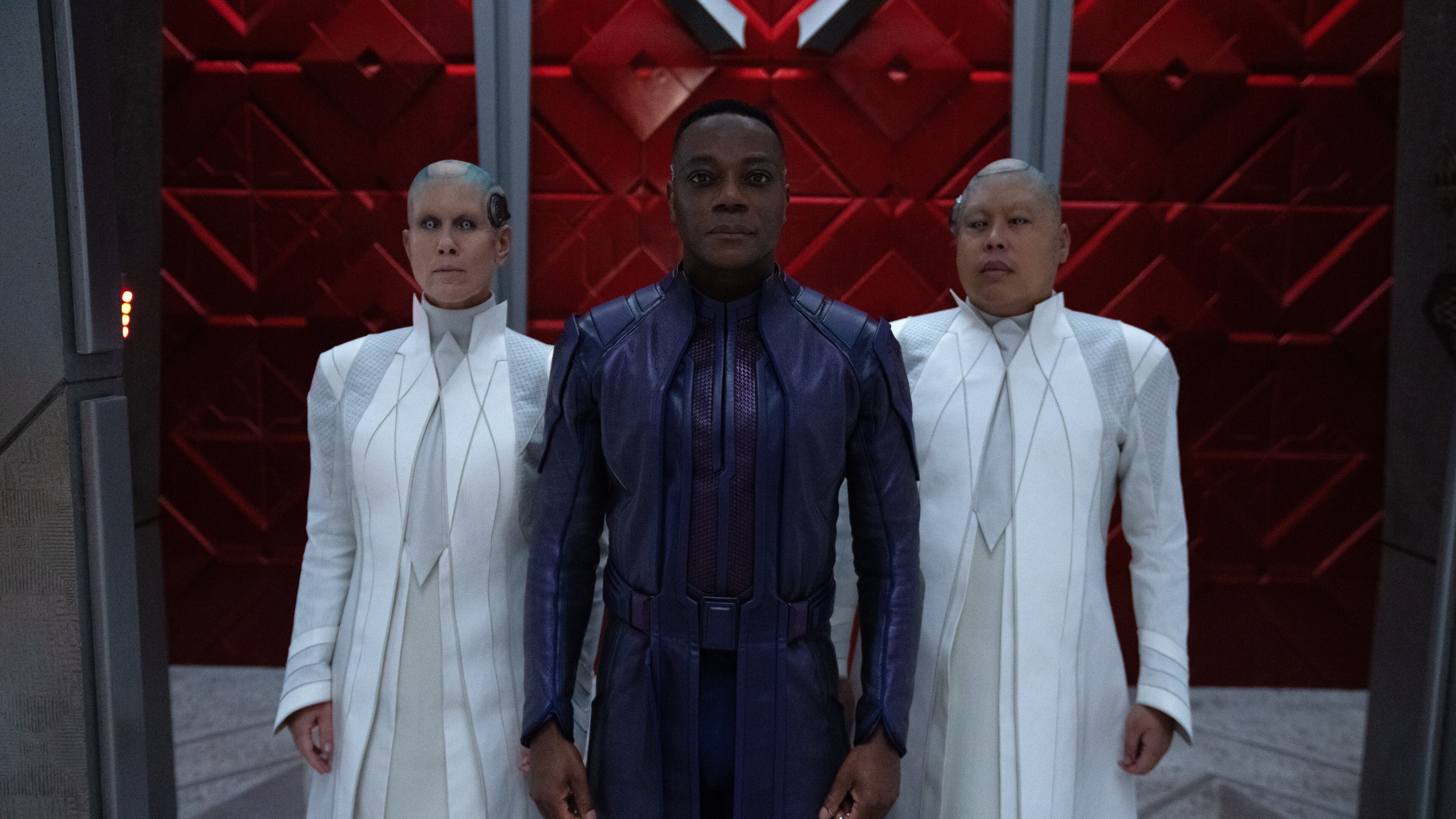 Miriam Shor as Recorder Vim (from left), Chukwudi Iwuji as The High Evolutionary, and Nico Santos as Recorder Theel in Marvel Studios' Guardians of the Galaxy Vol. 3.