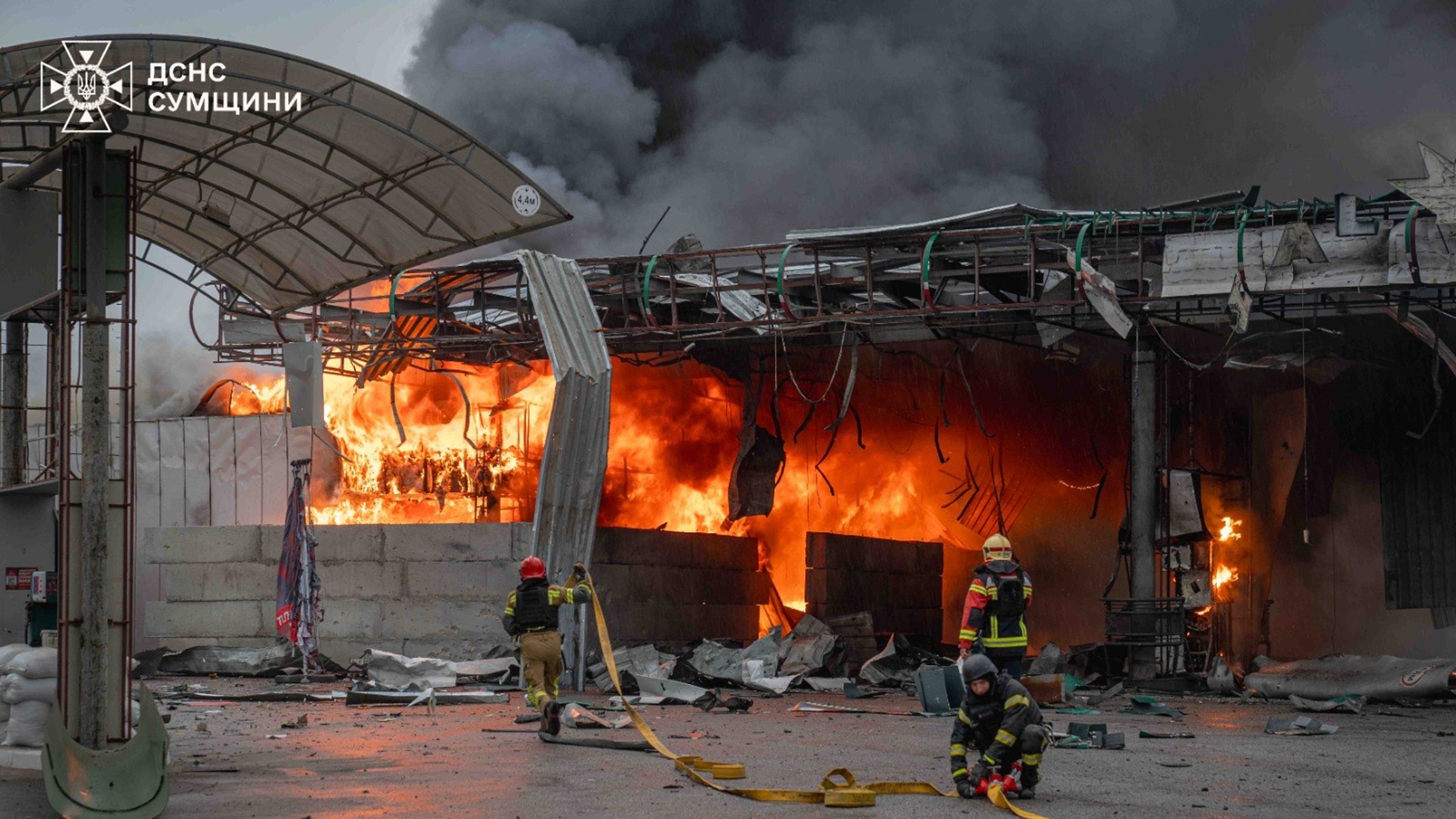 In this photo provided by the Ukrainian Emergency Service, firefighters put out a fire in a gas station following a Russian air attack in Sumy, Ukraine, Thursday, June 25, 2026. (Ukrainian Emergency Service via AP)