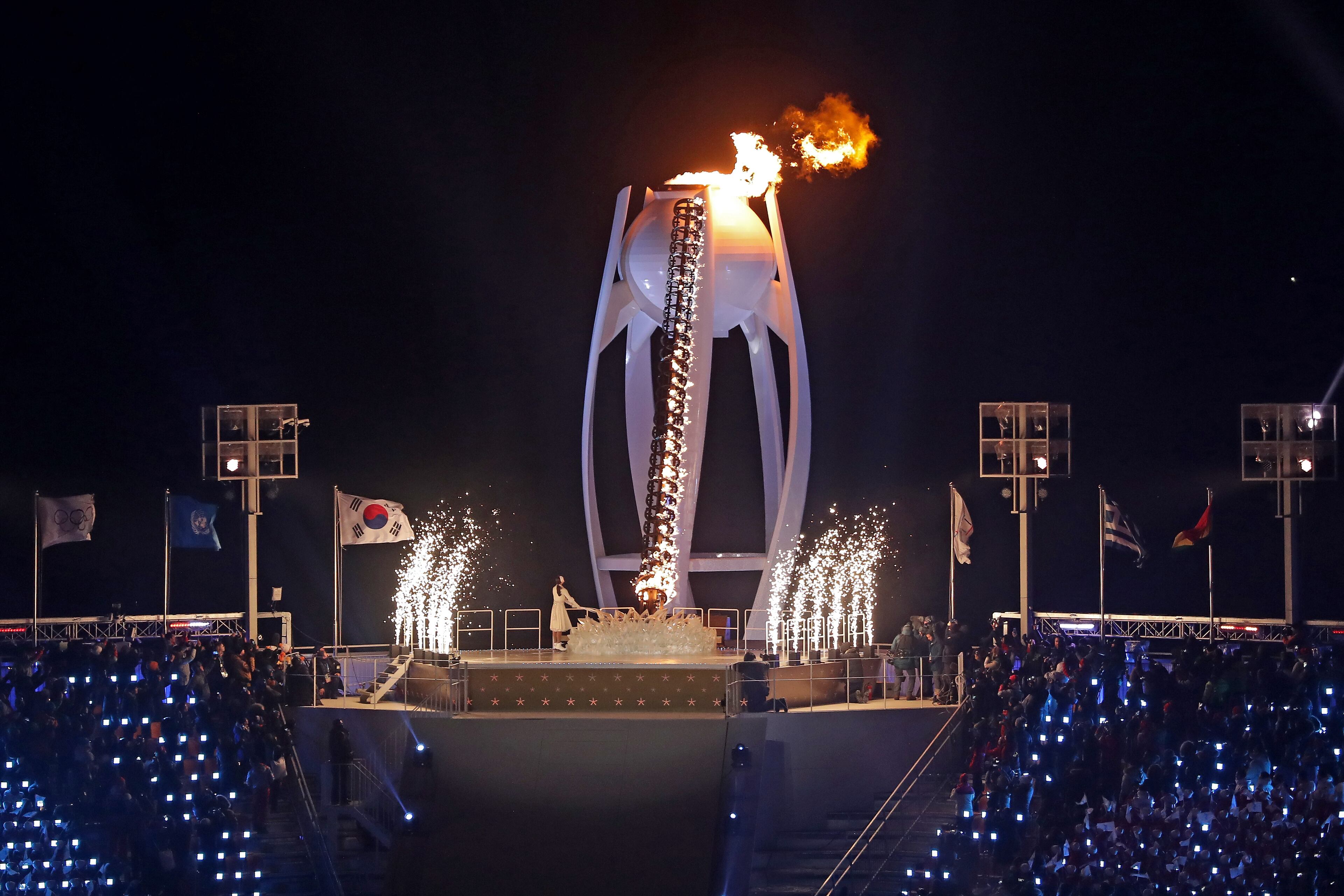 PYEONGCHANG-GUN, SOUTH KOREA - FEBRUARY 09: The Olympic Cauldron is lit during the Opening Ceremony of the PyeongChang 2018 Winter Olympic Games at PyeongChang Olympic Stadium on February 9, 2018 in Pyeongchang-gun, South Korea. (Photo by Richard Heathcote/Getty Images)