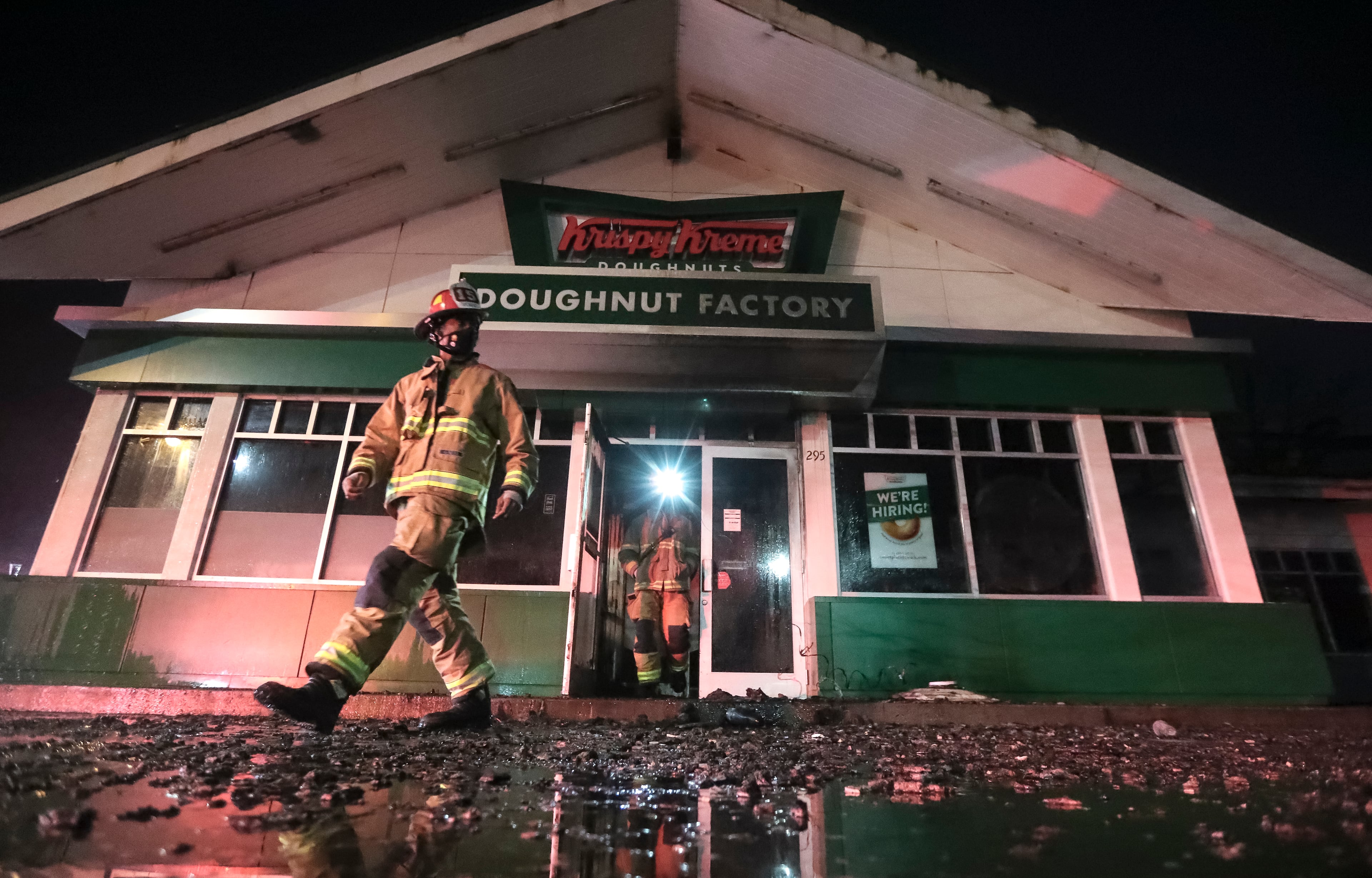 A fast-moving fire broke out early the morning of Feb. 10 at the landmark Krispy Kreme on Ponce de Leon Avenue in Midtown Atlanta.