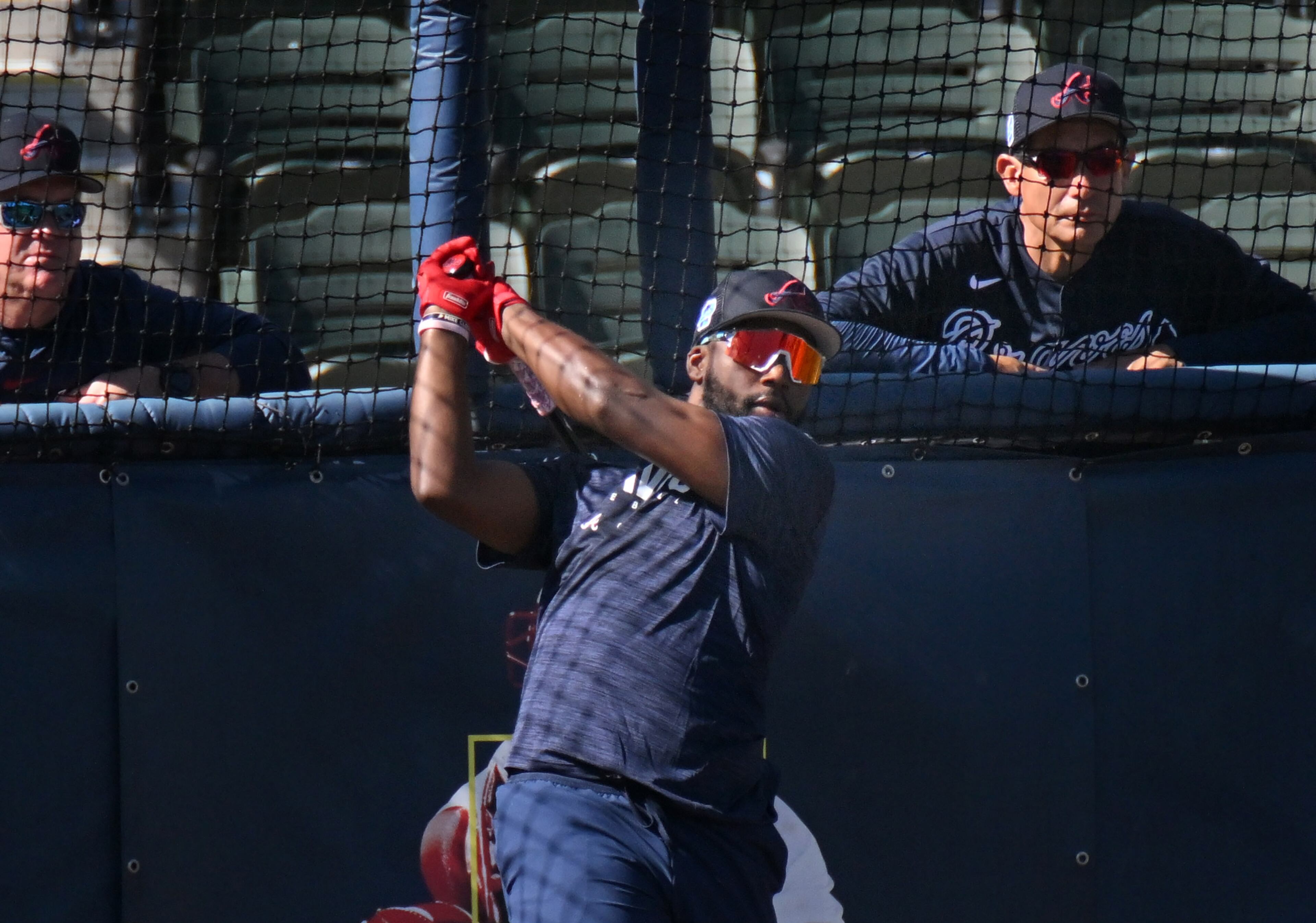 Braves center fielder Michael Harris takes batting practice Wednesday during spring training at CoolToday Park in North Port, Florida. (Hyosub Shin / Hyosub.Shin@ajc.com)
