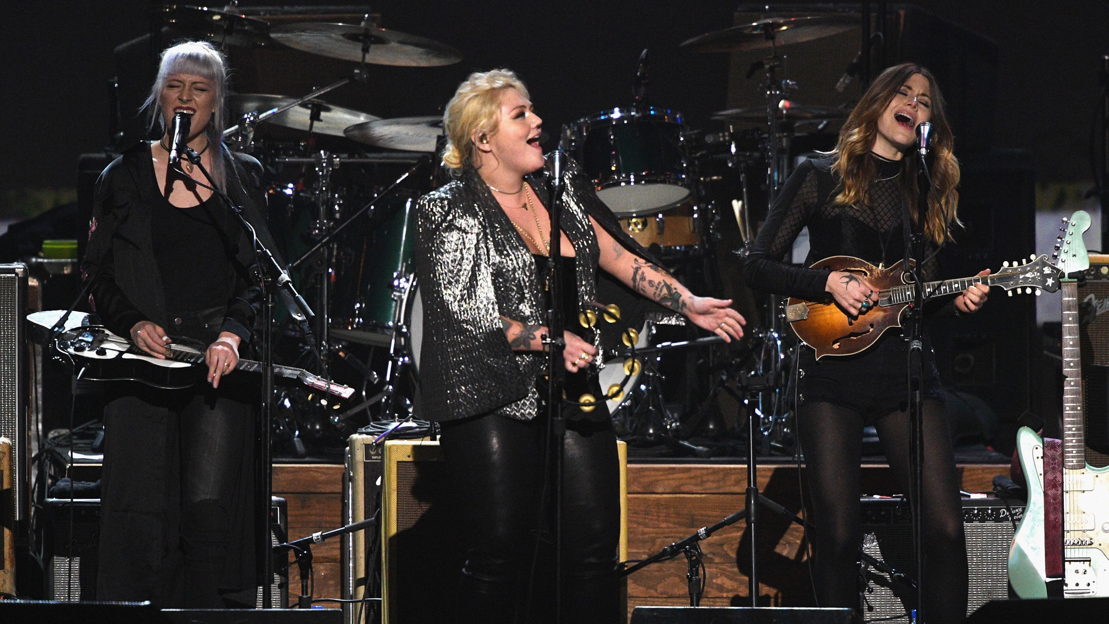 Elle King (C) and Rebecca Lovell (L) and Megan Lovell of Larkin Poe perform onstage during MusiCares Person of the Year honoring Tom Petty at the Los Angeles Convention Center on Feb. 10, 2017 in L.A. (Photo by Kevork Djansezian/Getty Images)