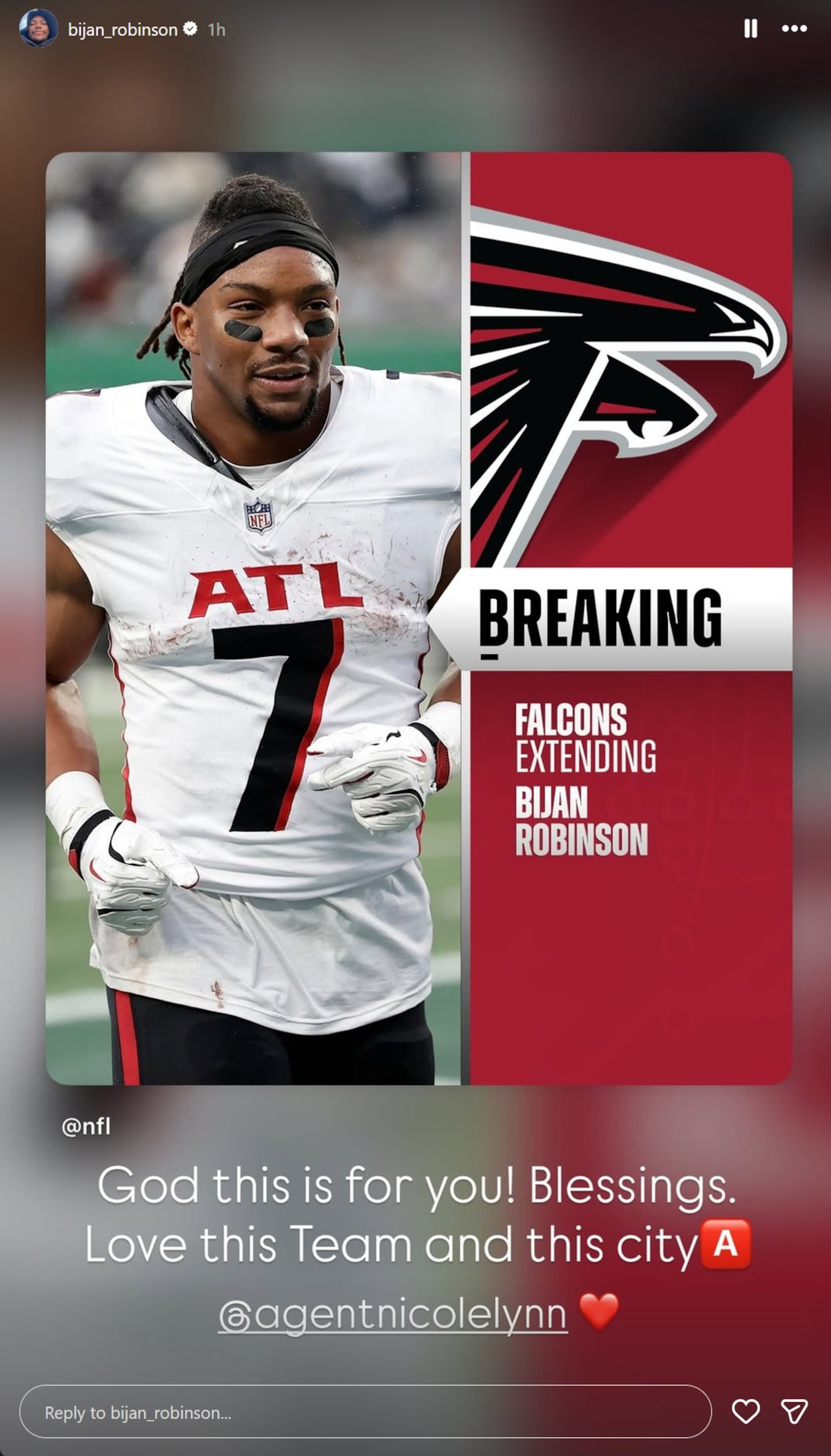 Instagram post from Bijan Robinson following his agreement on a contract extension with the Falcons