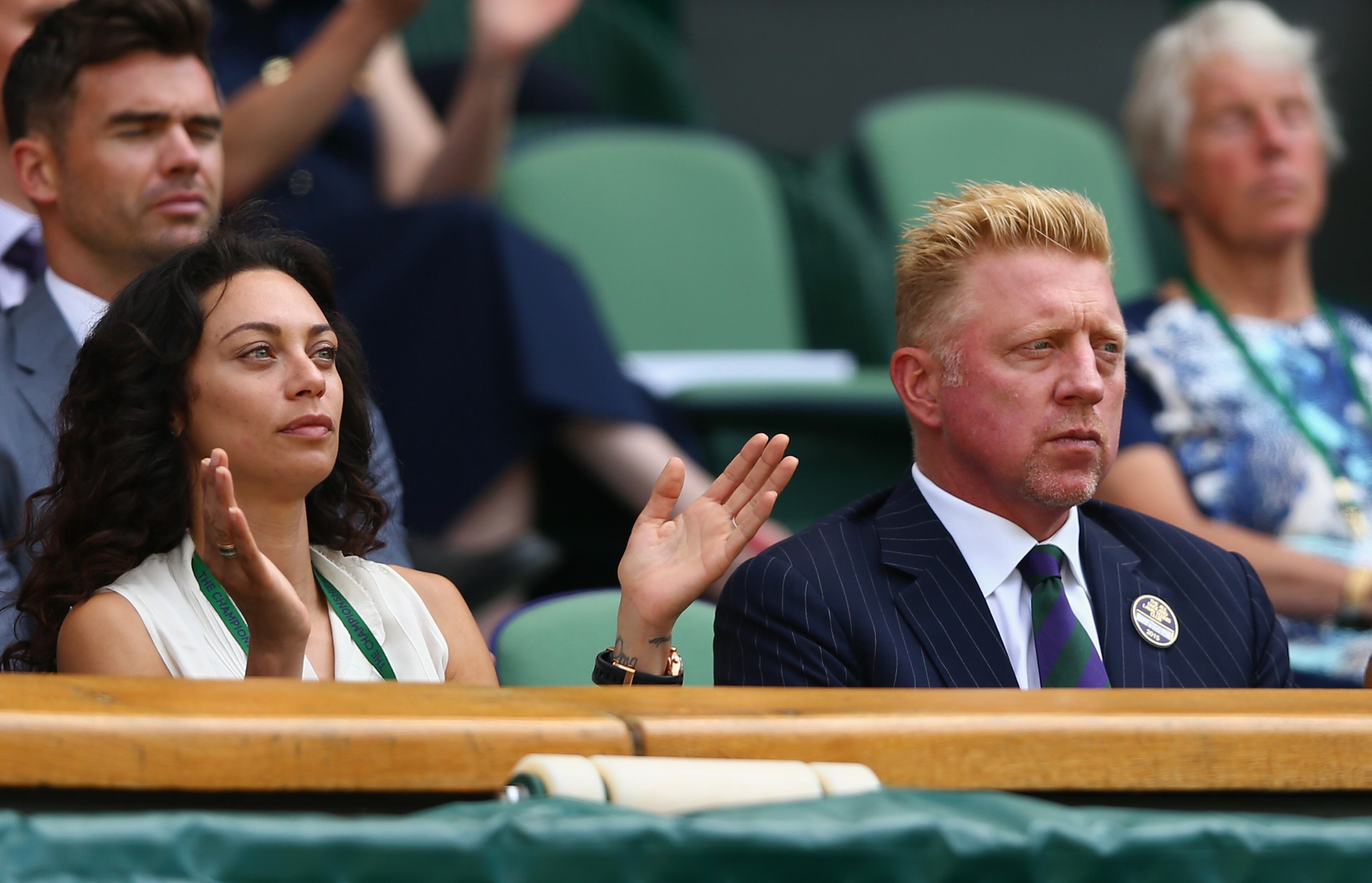 LONDON, ENGLAND - JULY 04: Boris and Lily Becker on Centre Court during day six of the Wimbledon Lawn Tennis Championships at the All England Lawn Tennis and Croquet Club on July 4, 2015 in London, England. (Photo by Clive Brunskill/Getty Images)