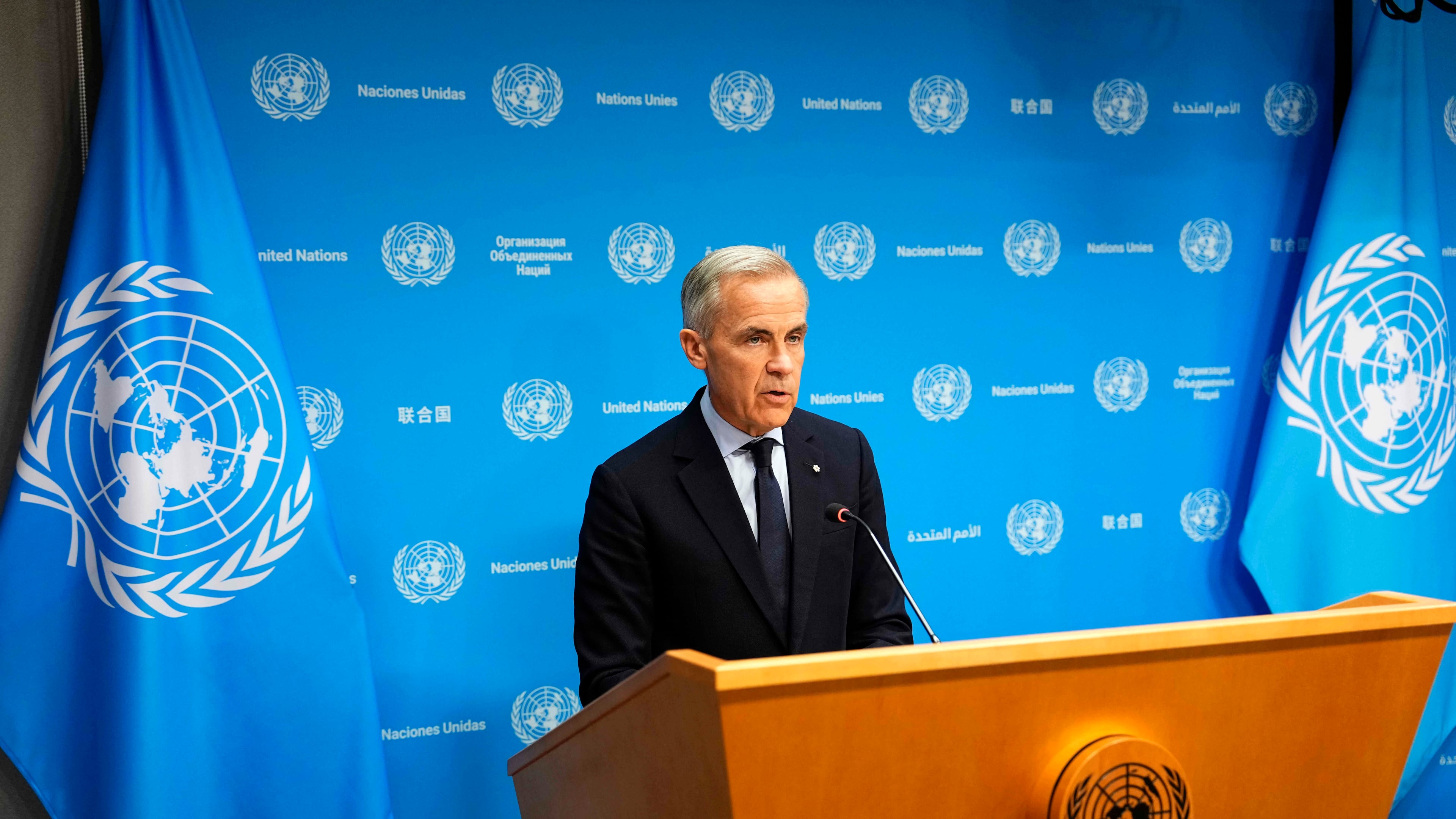 Canada Prime Minister Mark Carney speaks during a media availability on the sidelines of the the United Nations General Assembly (UNGA) at the UN headquarters on Tuesday, Sept. 22, 2026. (Justin Tang/The Canadian Press via AP)