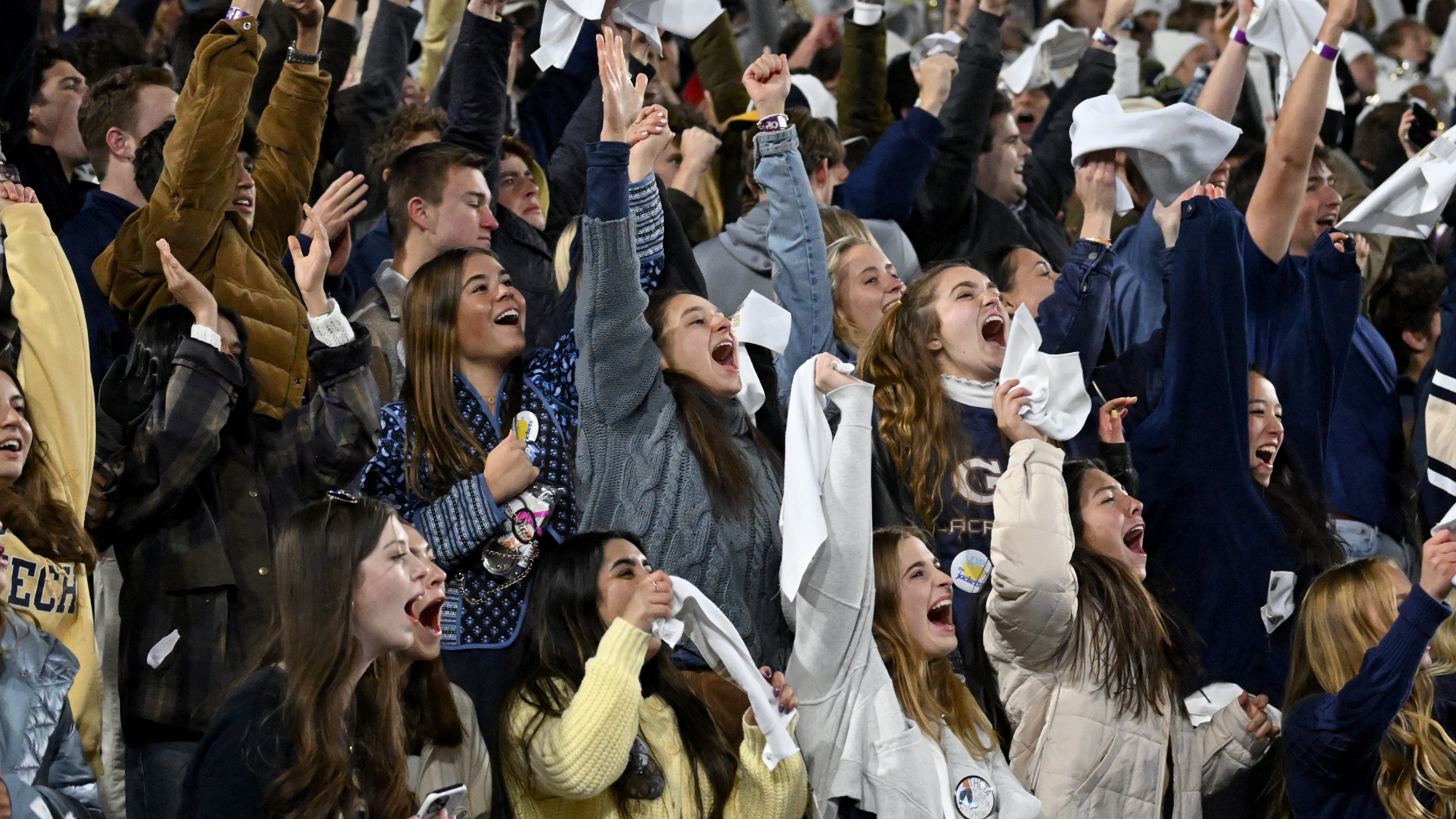 Georgia Tech fans react at the end of the fourth quarter during an NCAA college football game at Georgia Tech's Bobby Dodd Stadium, Thursday, November 21, 2024, in Atlanta. Georgia Tech won 30-29 over North Carolina State. (Hyosub Shin / AJC)