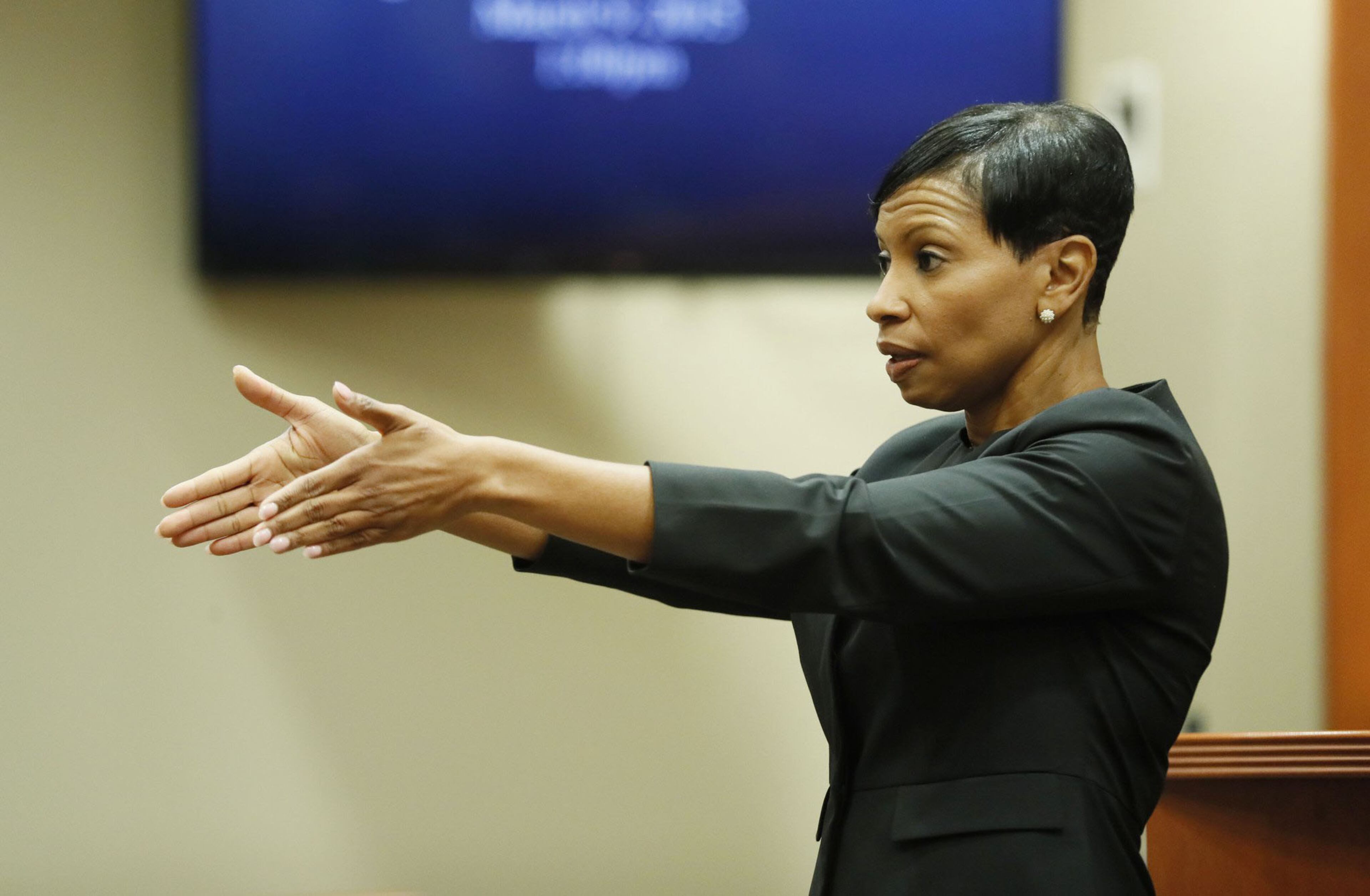 September 26, 2019 - Decatur - Prosecutor Buffy Thomas during her opening statement. The murder trial of former DeKalb County police officer Robert "Chip" Olsen began as attorneys worked to strike a jury this morning, followed by opening statements. Olsen is charged with murdering war veteran Anthony Hill. Bob Andres / robert.andres@ajc.com