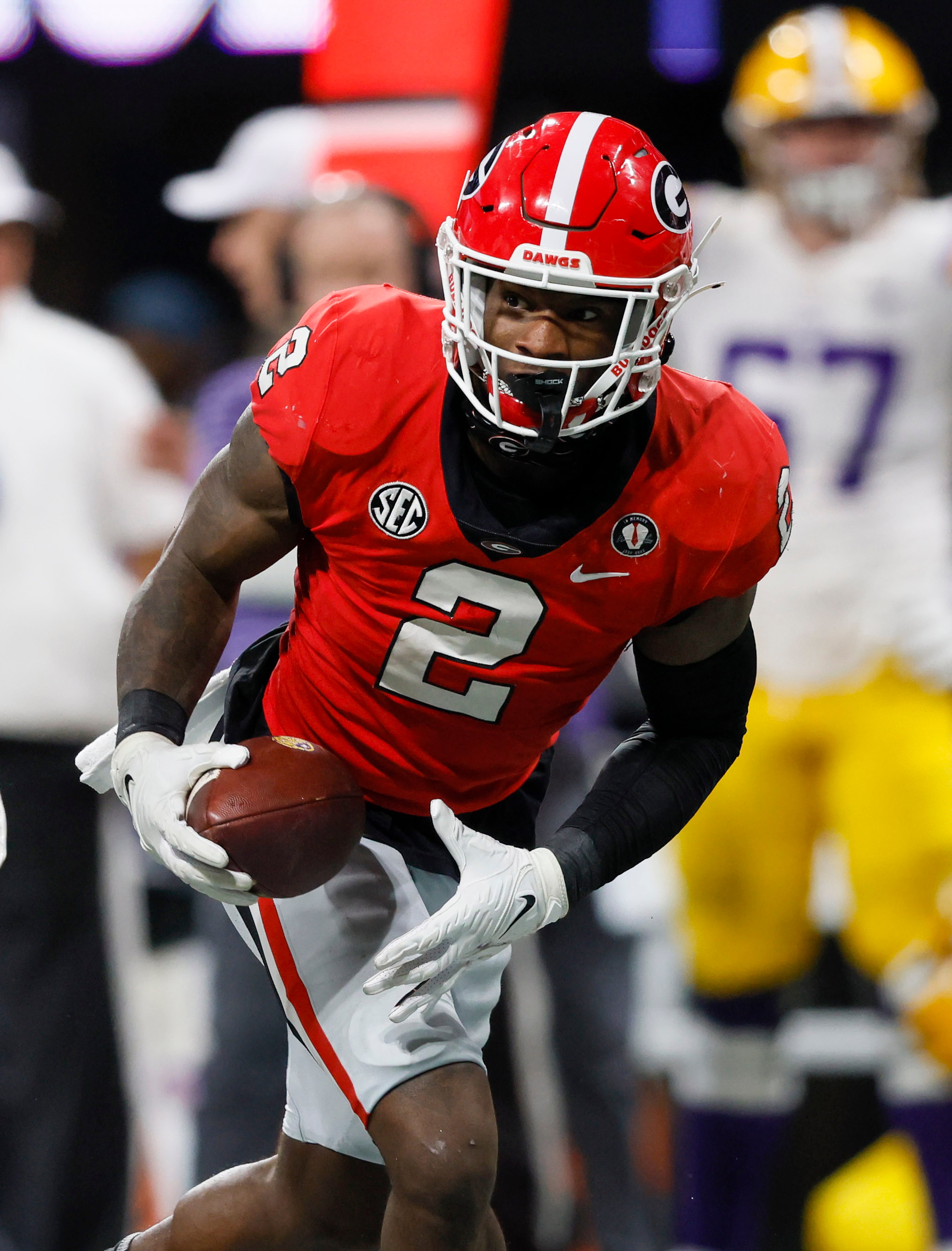 Georgia Bulldogs linebacker Smael Mondon Jr. (2) intercepts a pass intended for LSU Tigers wide receiver Jack Bech during the SEC Championship game at Mercedes-Benz Stadium, Saturday, December 3, 2022, in Atlanta. (Jason Getz / Jason.Getz@ajc.com)