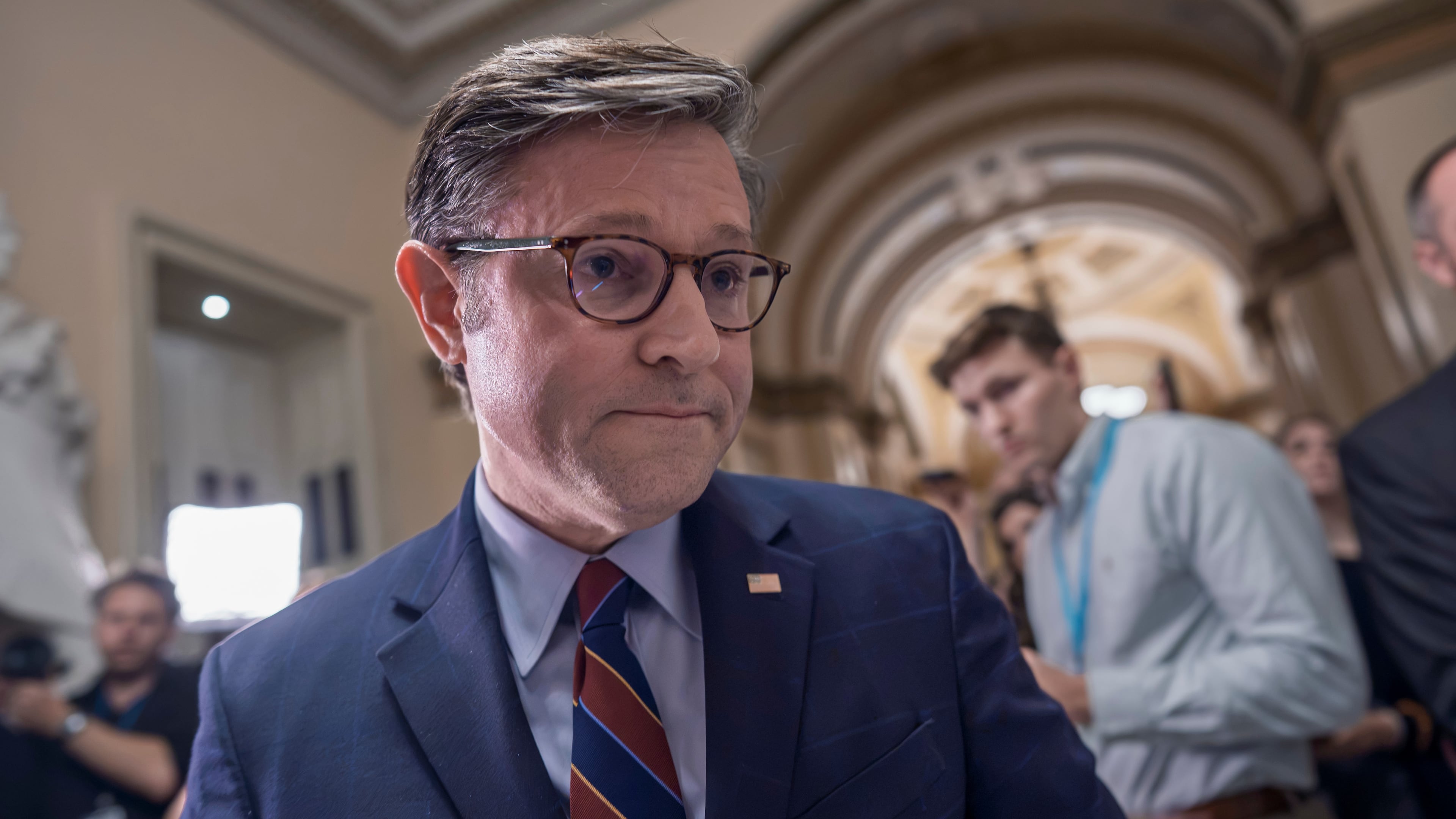 Speaker of the House Mike Johnson, R-La., leaves without taking any questions from reporters after finishing a series of votes on President Donald Trump's priorities, at the Capitol in Washington, Wednesday, July 22, 2026. (AP Photo/J. Scott Applewhite)