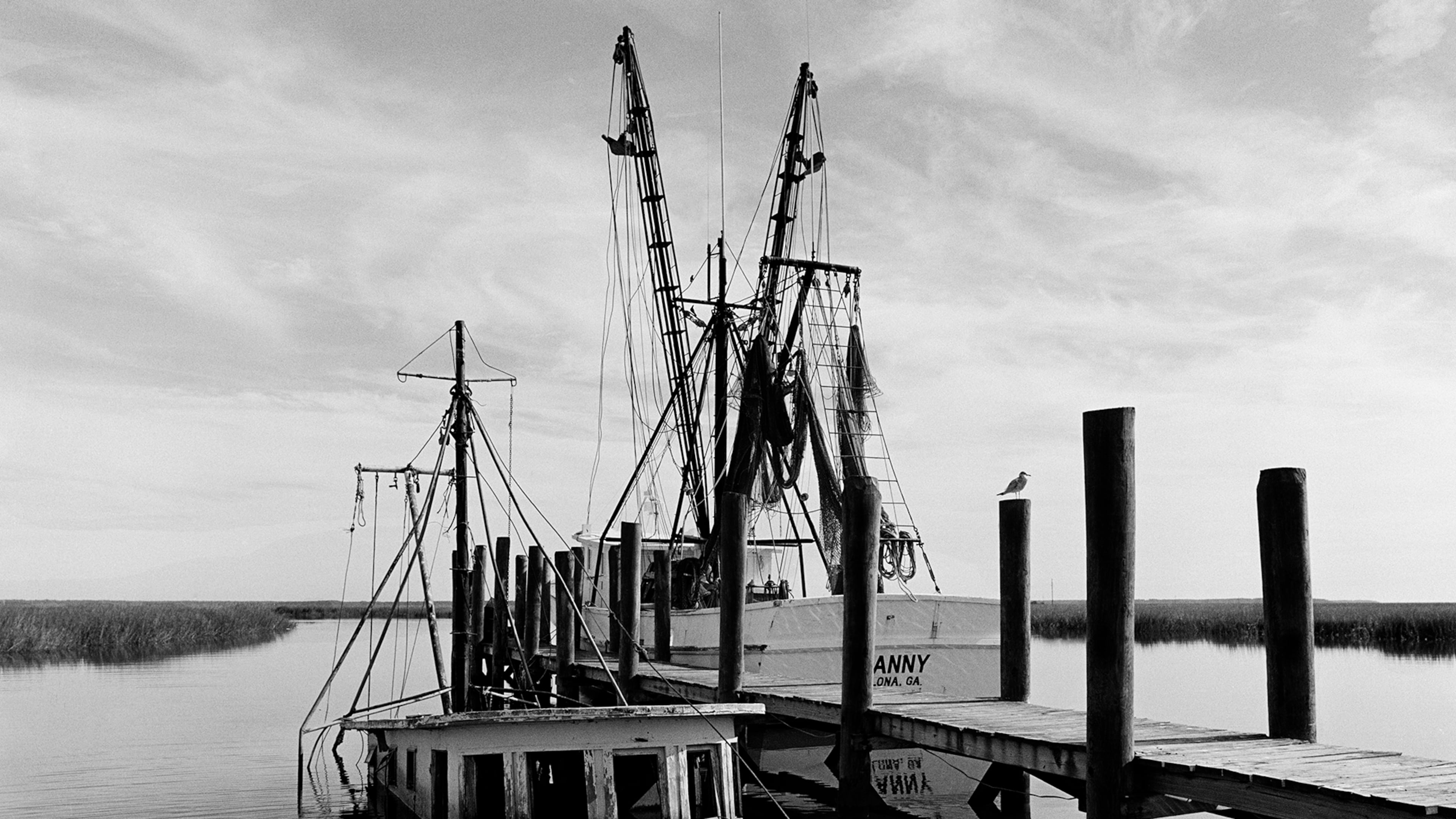 "Sunken Shrimp Boat," a 1987 photograph by Jack Leigh. Photos of Georgia's coast by Leigh and Parker Stewart are on display at Laney Contemporary, a Savannah gallery, until Aug. 1, 2026. (Courtesy of Jack Leigh/Laney Contemporary)