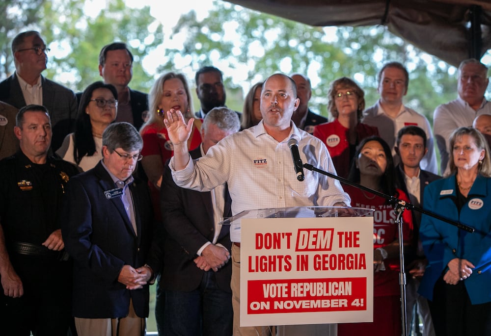 Attorney General Chris Carr, a Republican candidate for governor, speaks at an event for Public Service Commissioners Tim Echols and Fitz Johnson in October. (Jenni Girtman for the AJC)