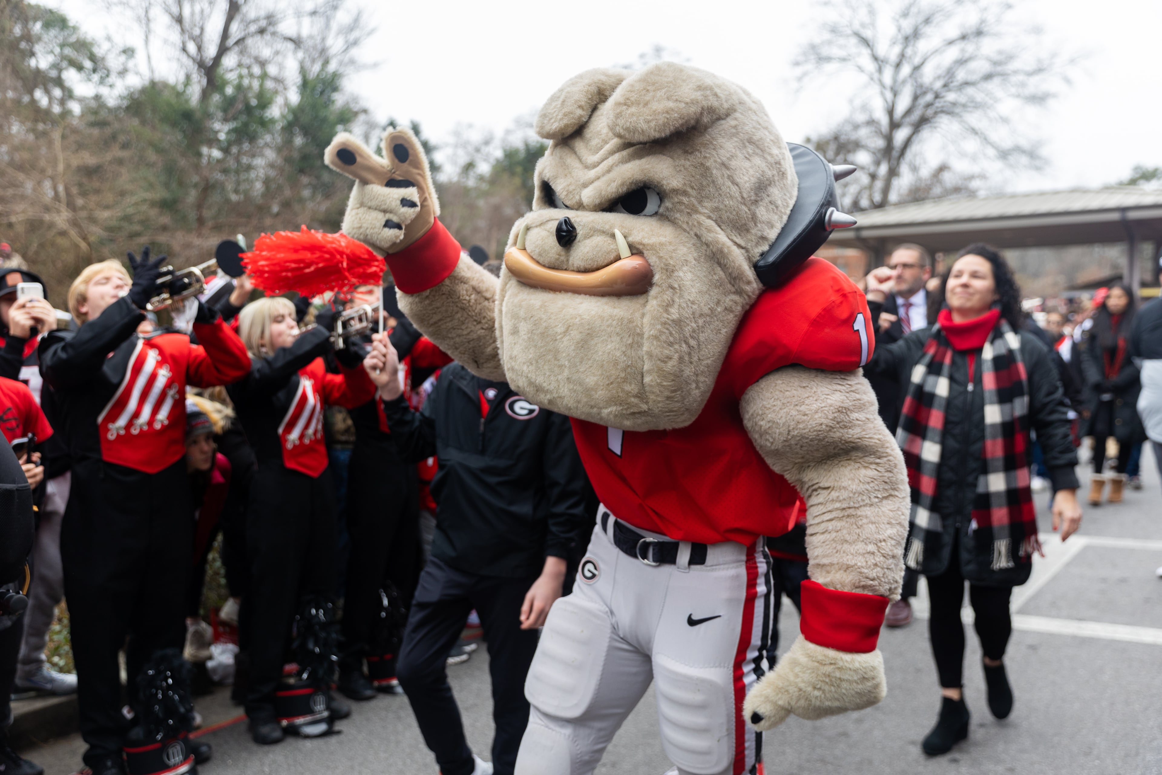 The Georgia Bulldog mascot motions to fans during the Dawg Walk as part of the team’s celebration parade in Athens, Georgia on January 15th, 2022.(Nathan Posner for The Atlanta Journal-Constitution)