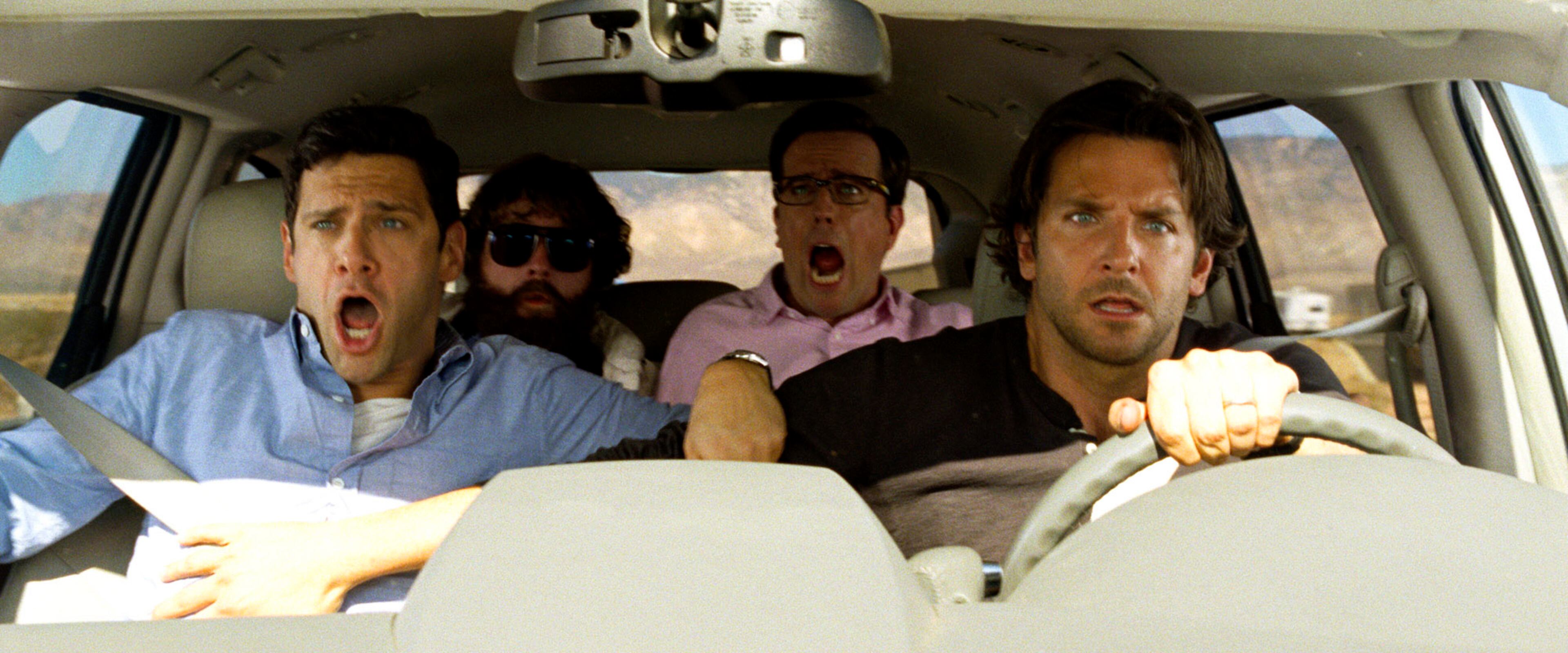 This undated publicity photo released by Warner Bros. Pictures shows, from left, Justin Bartha as Doug, Zach Galfianakis as Alan, Ed Helms as Stu and Bradley Cooper as Phil in "The Hangover Part III."