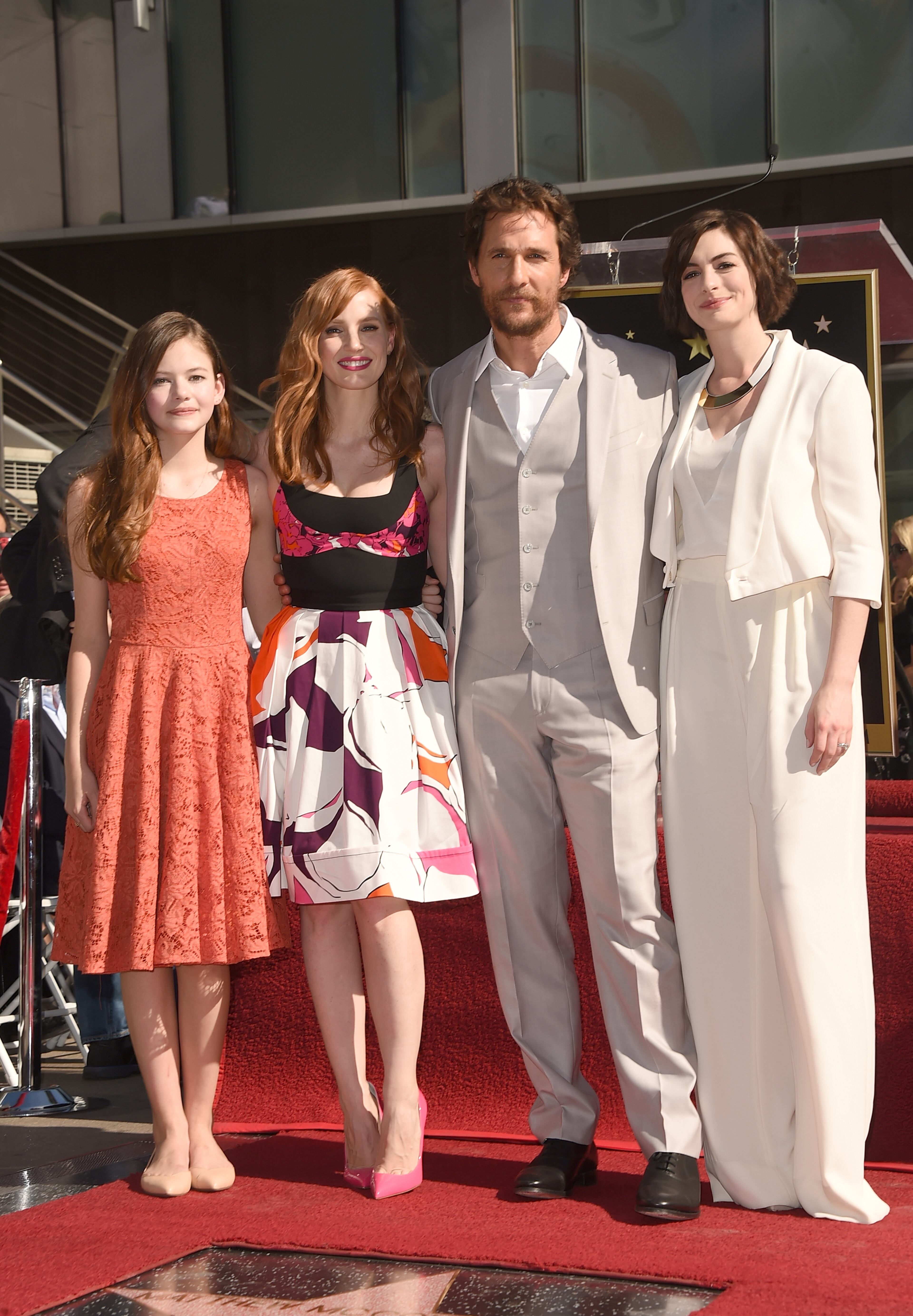 Actors Mackenzie Foy, from left, Jessica Chastain, Matthew McConaughey, and Anne Hathaway attend the Hollywood Walk Of Fame ceremony for Matthew McConaughey on November 17, 2014 in Hollywood, Calif. (Photo by Jason Merritt/Getty Images)