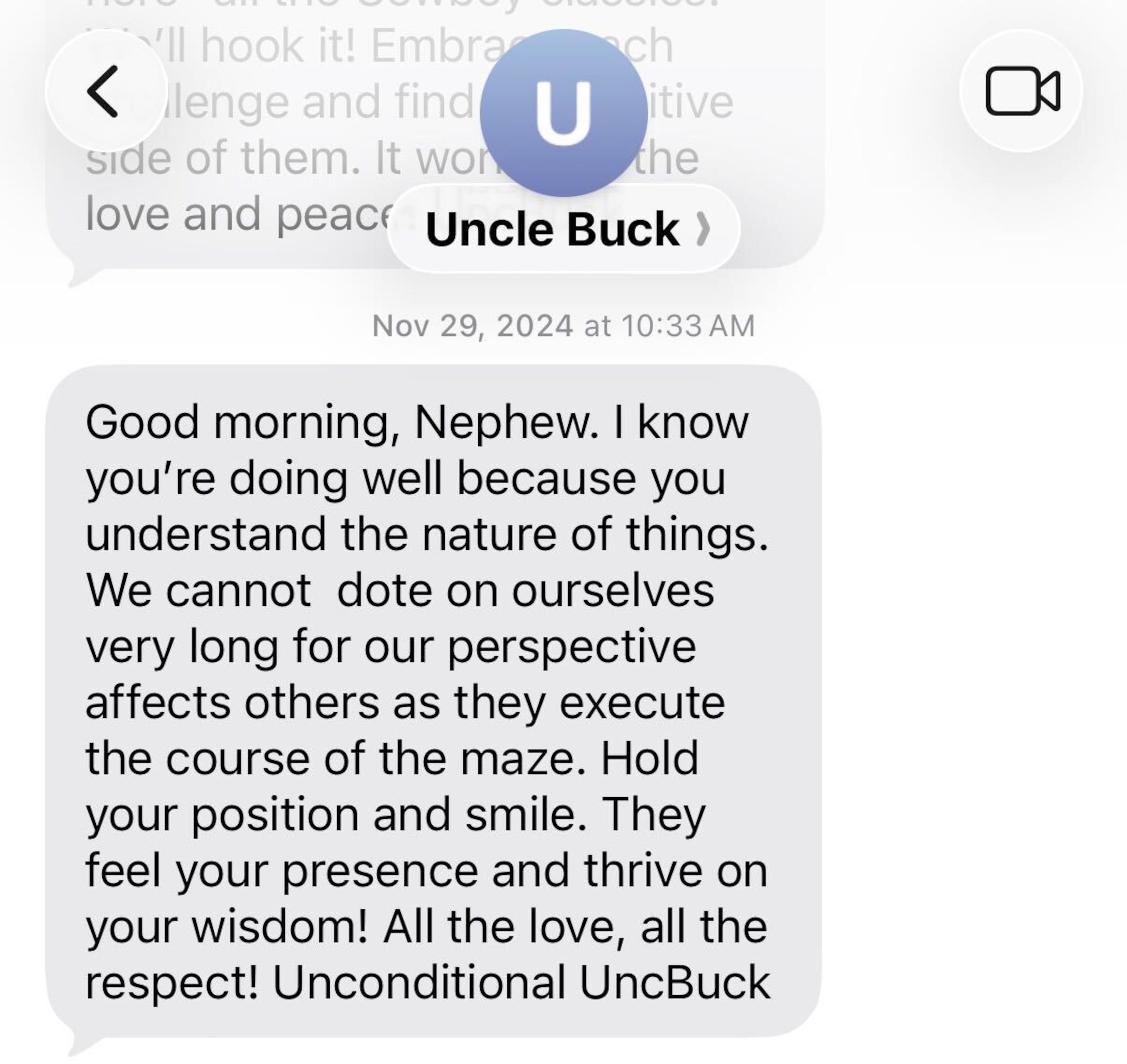 A text exchange between William "Buck" Godfrey and his nephew, AJC senior reporter Gavin Godfrey, about three weeks after Gavin's father died. (Gavin Godfrey/AJC)