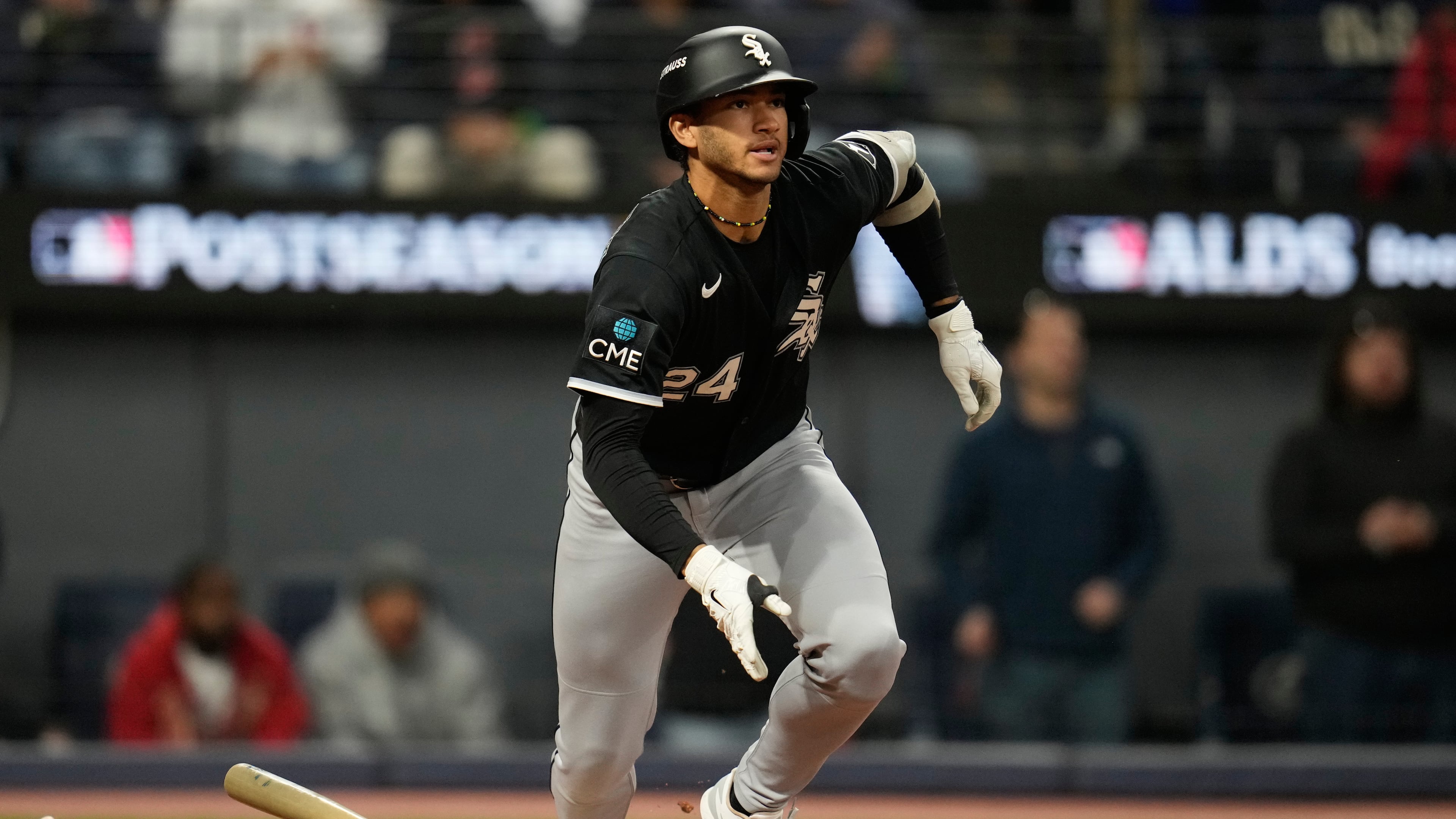 Chicago White Sox's Braden Montgomery (24) watches his 2-run double during the sixth inning of Game 2 of baseball's American League Division Series against the Cleveland Guardians, Monday, Oct. 5, 2026, in Cleveland. (AP Photo/Sue Ogrocki)